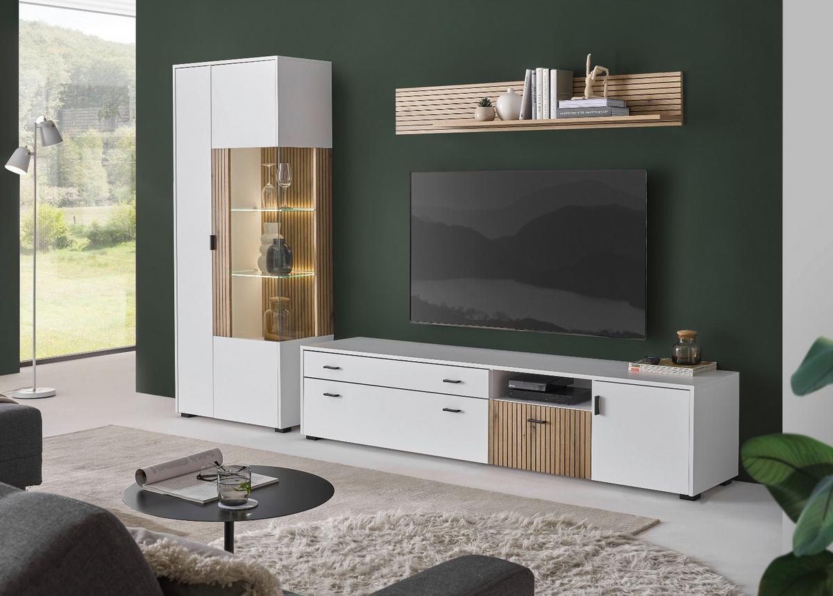 VITRINE weiß matt, Eiche 75 x 180 cm, Vitrinenschrank mit 10 Fächern und Soft-Close-Funktion - Eichefarben/Schwarz, Glas/Holzwerkstoff (75/180/38cm) - Furn.Design