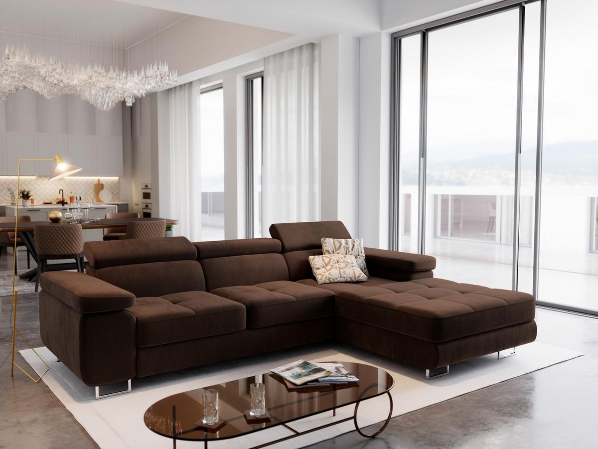 ECKSOFA ELMA R-S Braun Velours-Stoff mit Schlaffunktion - Silberfarben/Braun, Holz/Textil (280/205cm) - MASSENO