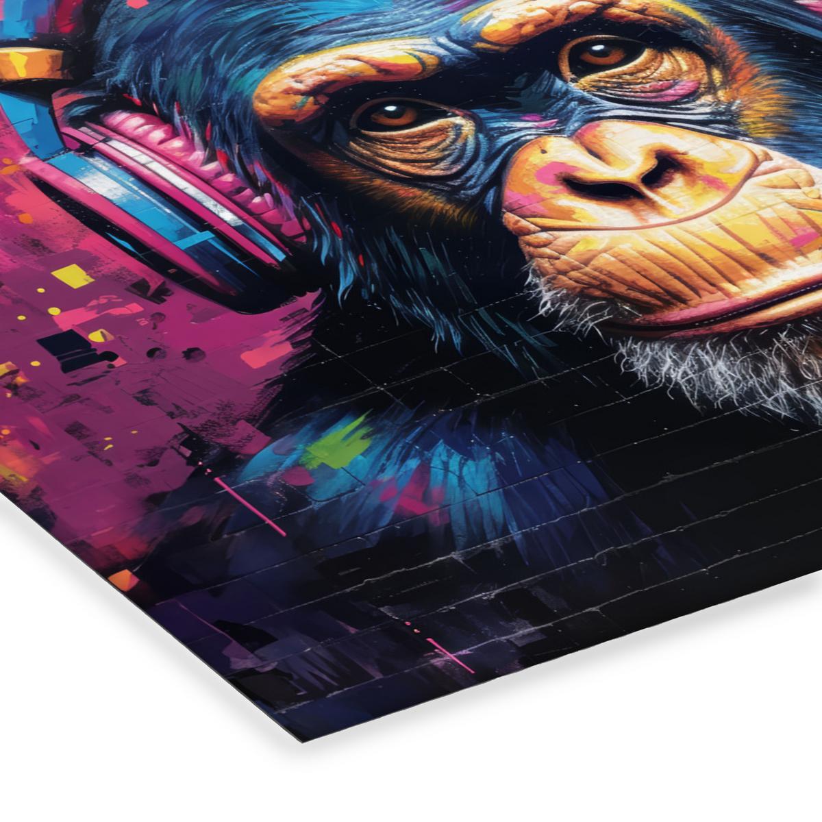 POSTER MIT RAHMEN Graffiti - Schimpanse - Straßenkunst - Kopfhörer - Affe 80x60 cm - Blau, Papier (80/60cm) - MuchoWow