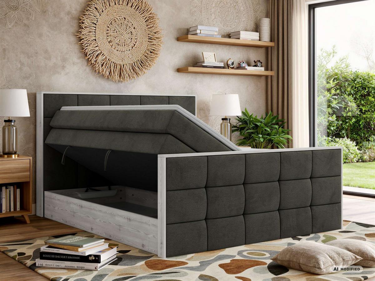 BOXSPRINGBETT ALNOR KING DUO 200/200 - Dunkelgrau Velvet - Topper Visco - H3 - Dunkelgrau/Anthrazit, Kunststoff/Textil (200/200cm) - MKS