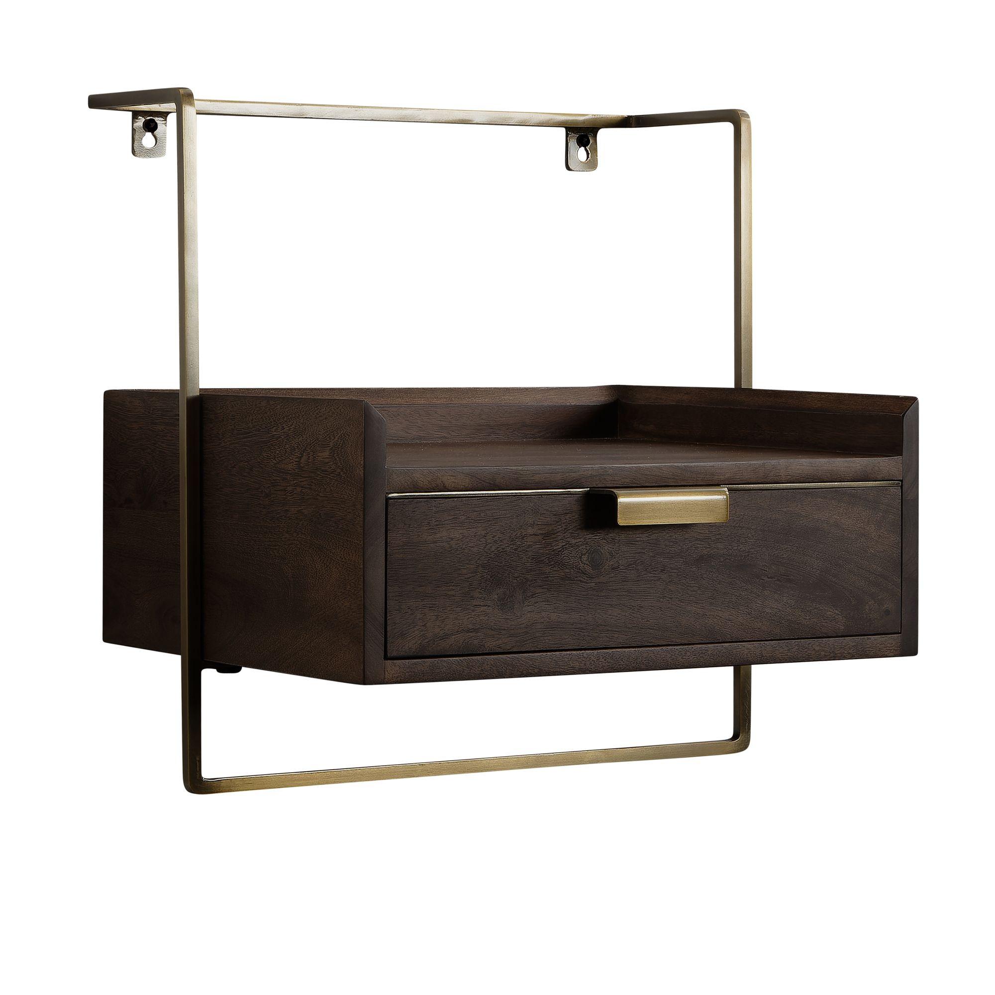NACHTTISCH Mango Massivholz Wandmontage Schublade Boxspringbett, Braun 44x35x45 cm - Goldfarben/Braun, Holz/Metall (44/45/35cm) - KADIMA DESIGN