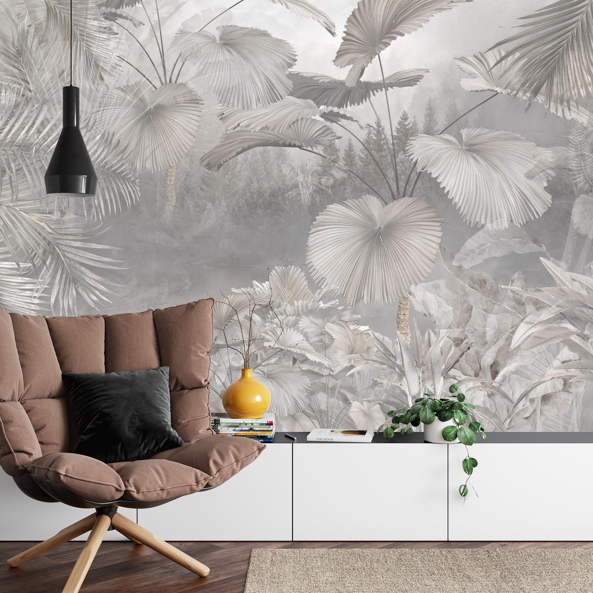 FOTOTAPETE für Wohnzimmer Tropische Blätter Dschungel Palmen Grau 250x175 - Beige/Grau, Papier (250/175cm) - Muralo