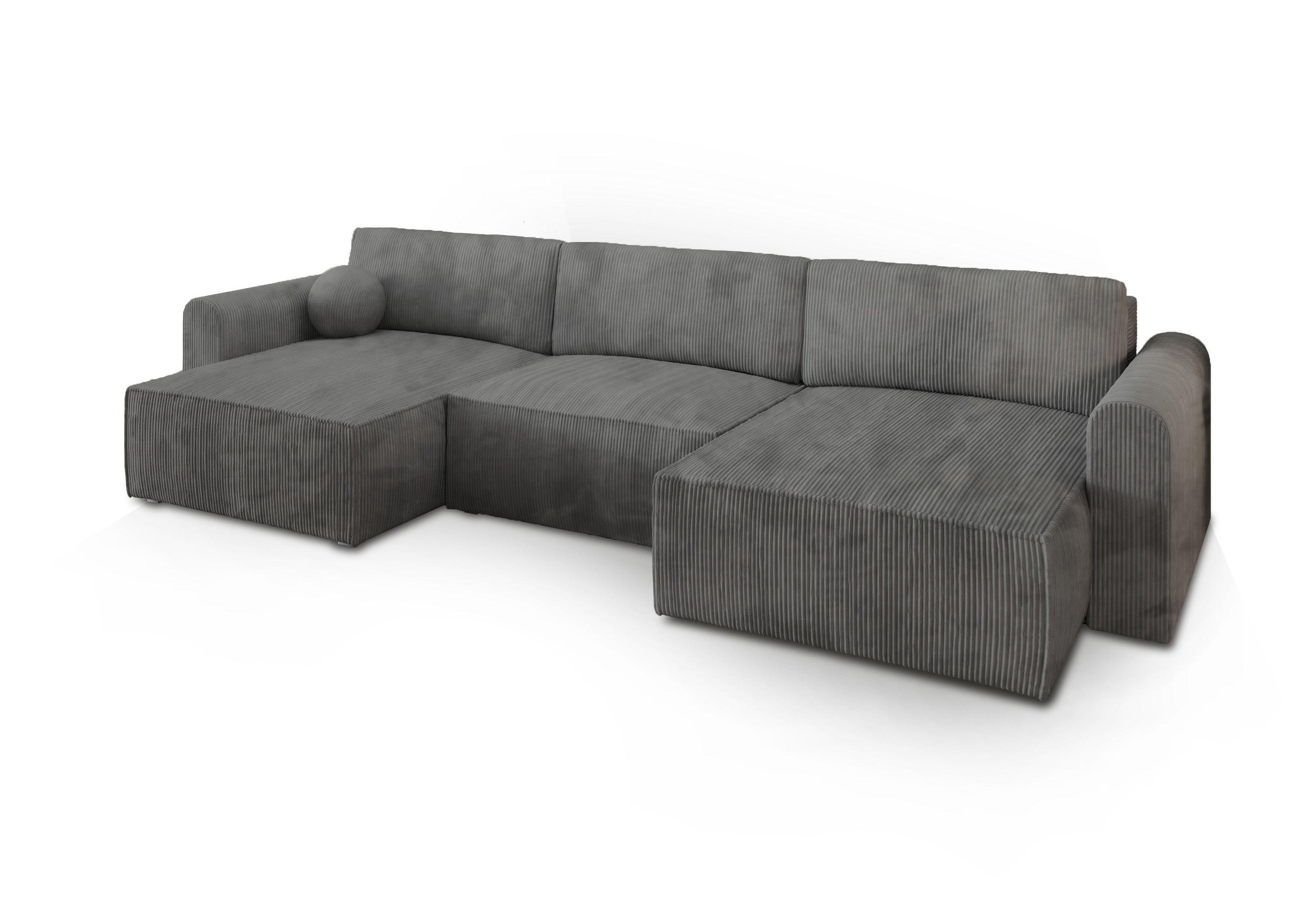 WOHNLANDSCHAFT FENTO P Grau Kordstoff mit Schlaffunktion - Grau, Holz/Kunststoff (347/90/148cm) - MASSENO