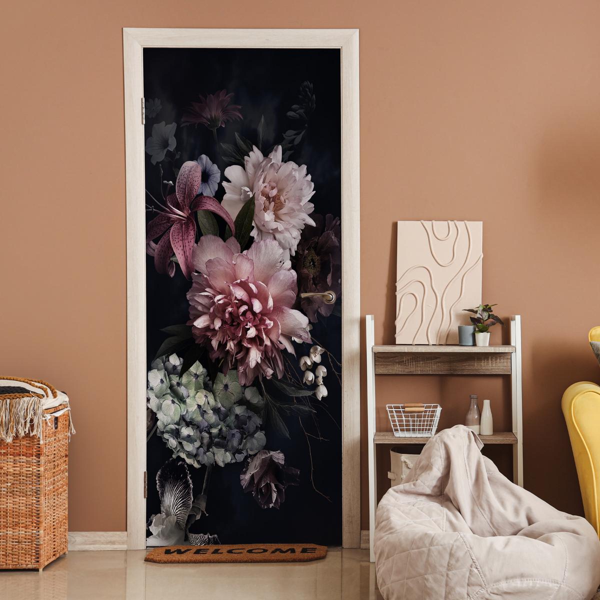 TÜRAUFKLEBER Blumen - Vintage - Pastell - Rosa - Weiß 80x215 cm - Türtapete - Altrosa, Kunststoff (80/0.1cm) - MuchoWow