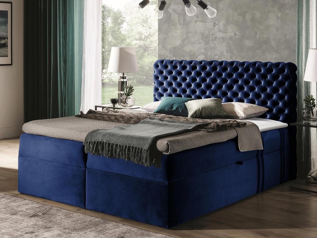 BOXBETT Chesterfield - H3 - Dunkelblau, Holz (120/200cm) - MIRJAN24