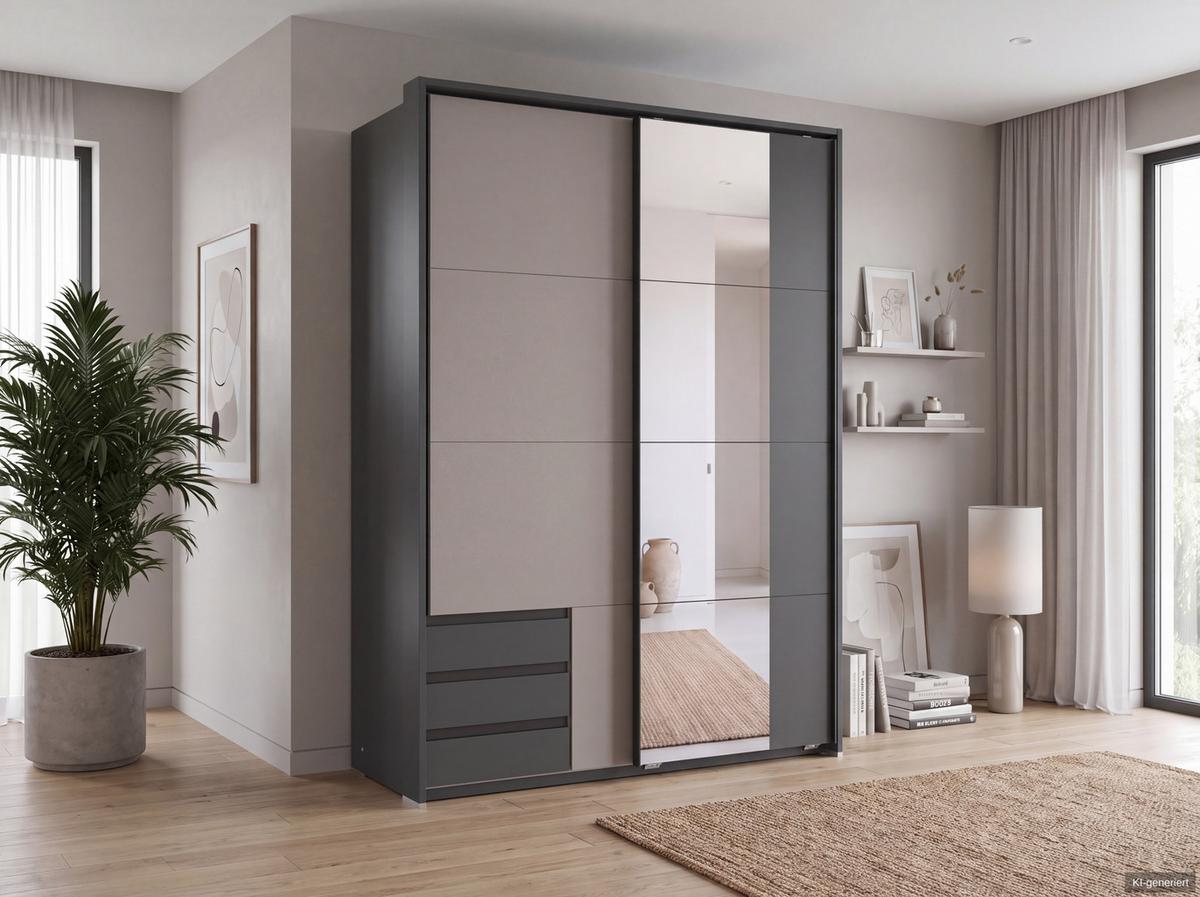 SCHWEBETÜRENSCHRANK 2-türig B138/H200/T65 cm, Passepartout-Kleiderschrank mit Spiegel & sichtbaren Schubkästen in Grafit, 1x Tür in Sandgrau / 22687 - Sandfarben/Graphitfarben, Holz/Holzwerkstoff (138/200/65cm) - luma-home