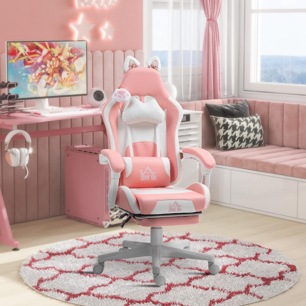 GAMING Stuhl Ergonomischer Gamer Stuhl mit Lendenwirbelstütze, Fußstütze Rosa - Rosa/Weiß, Leder/Kunststoff (62/124/65cm) - HOMCOM