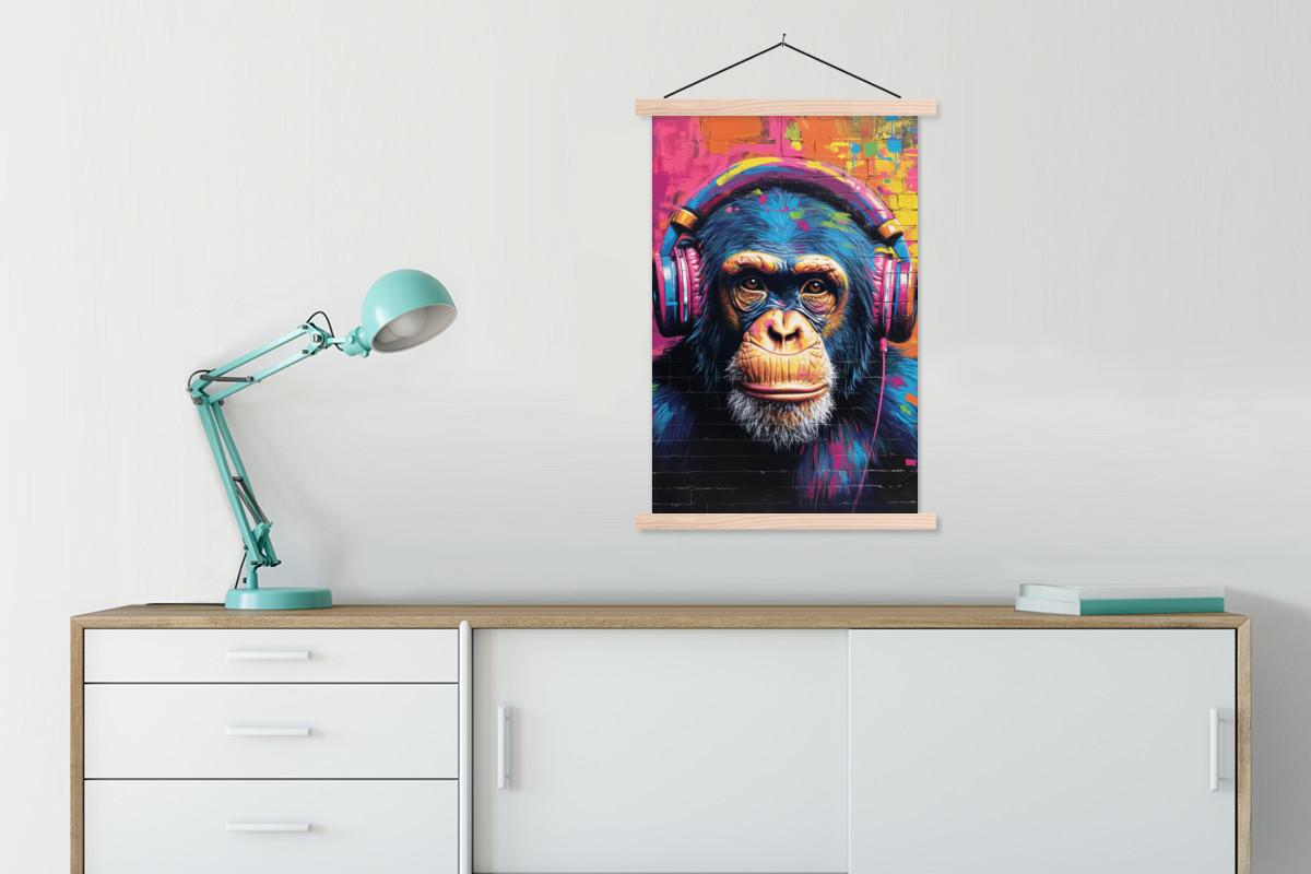 POSTER MIT MAGNETLEISTEN Graffiti - Schimpanse - Straßenkunst - Kopfhörer - Affe Wandbild Schlafzimmer 60x90 cm - Blau, Textil (60/90/0.15cm) - MuchoWow