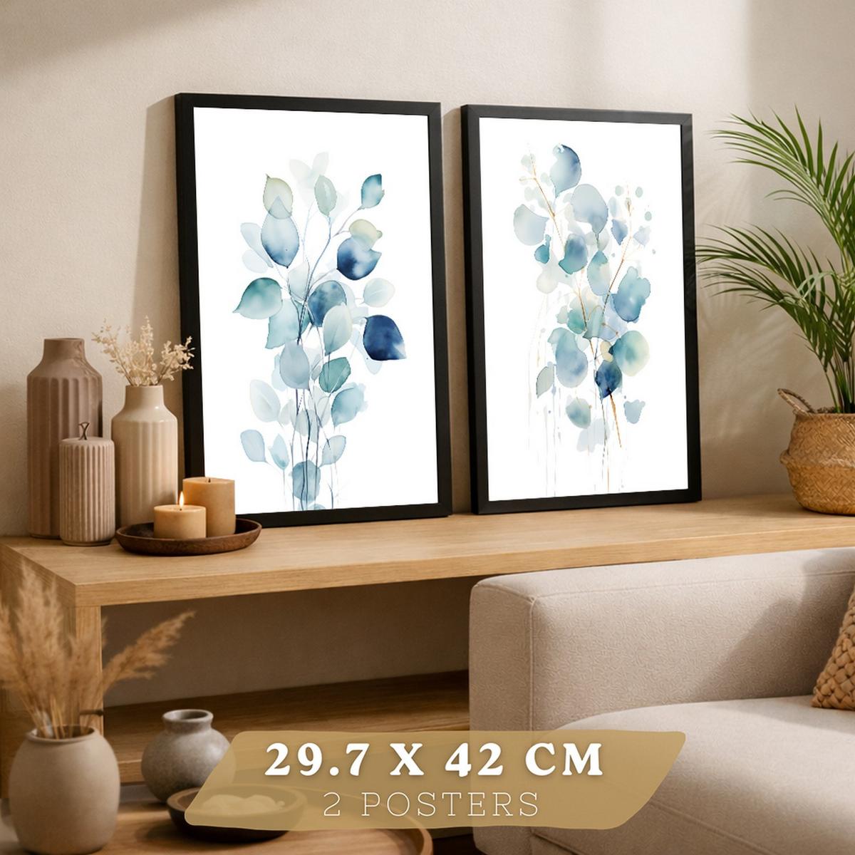 POSTER 2er-Set Wandbilder Blumen Aquarell modern Wohnzimmer Deko, Schlafzimmer, Küche, Badezimmer Schwarzer Rahmen A4 - Schwarz, Papier (29.7/1/21cm) - Nacnic
