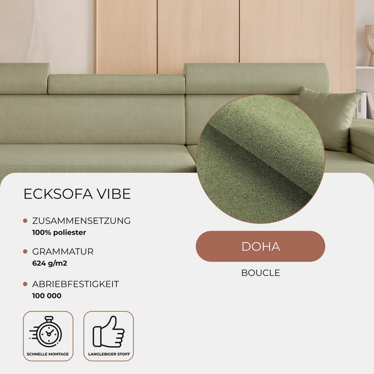 ECKSOFA AISHA Rechts mit Schlaffunktion und Bettkasten Grün - Chromfarben/Grün, Kunststoff/Textil (250/130cm) - Idohome