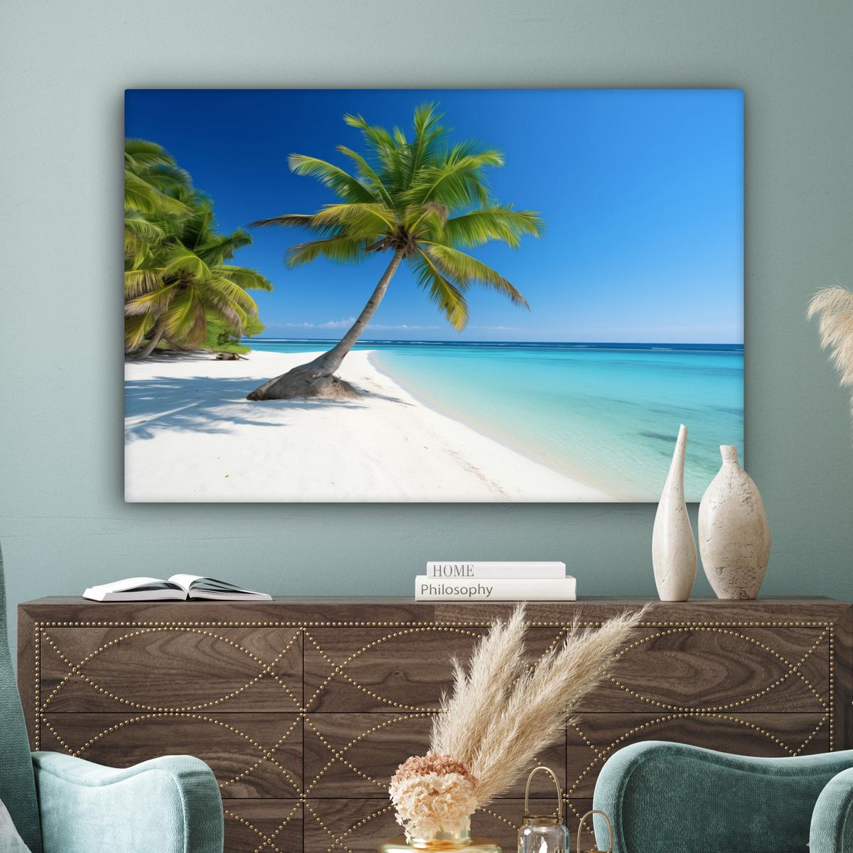 LEINWANDBILD Strand - Palme - Tropisch - Meer Wohnzimmer Groß 120x80 cm - Grün, Textil (120/80cm) - MuchoWow