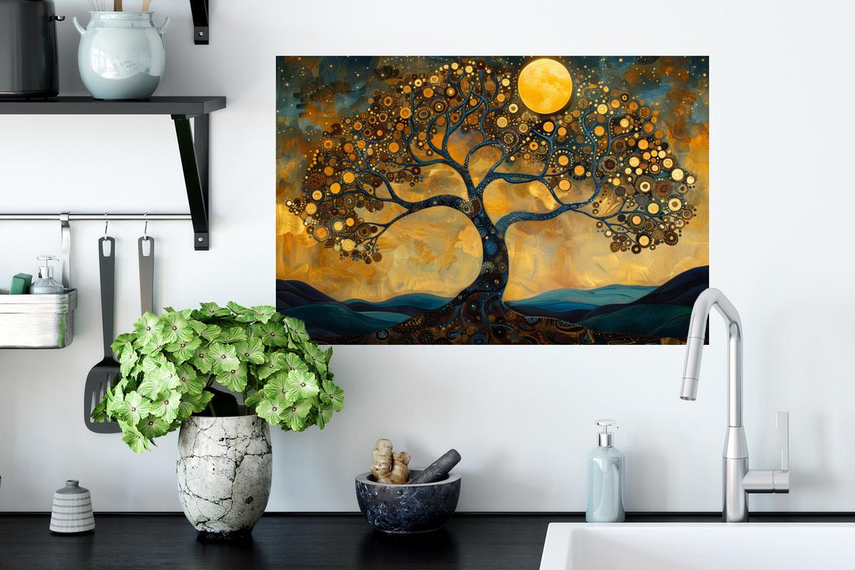 WANDTATTOO Baum - Mond - Blumen - Gold - Kunst Deko Wohnzimmer 60x40 cm - Orange, Kunststoff (60/40/0.1cm) - MuchoWow