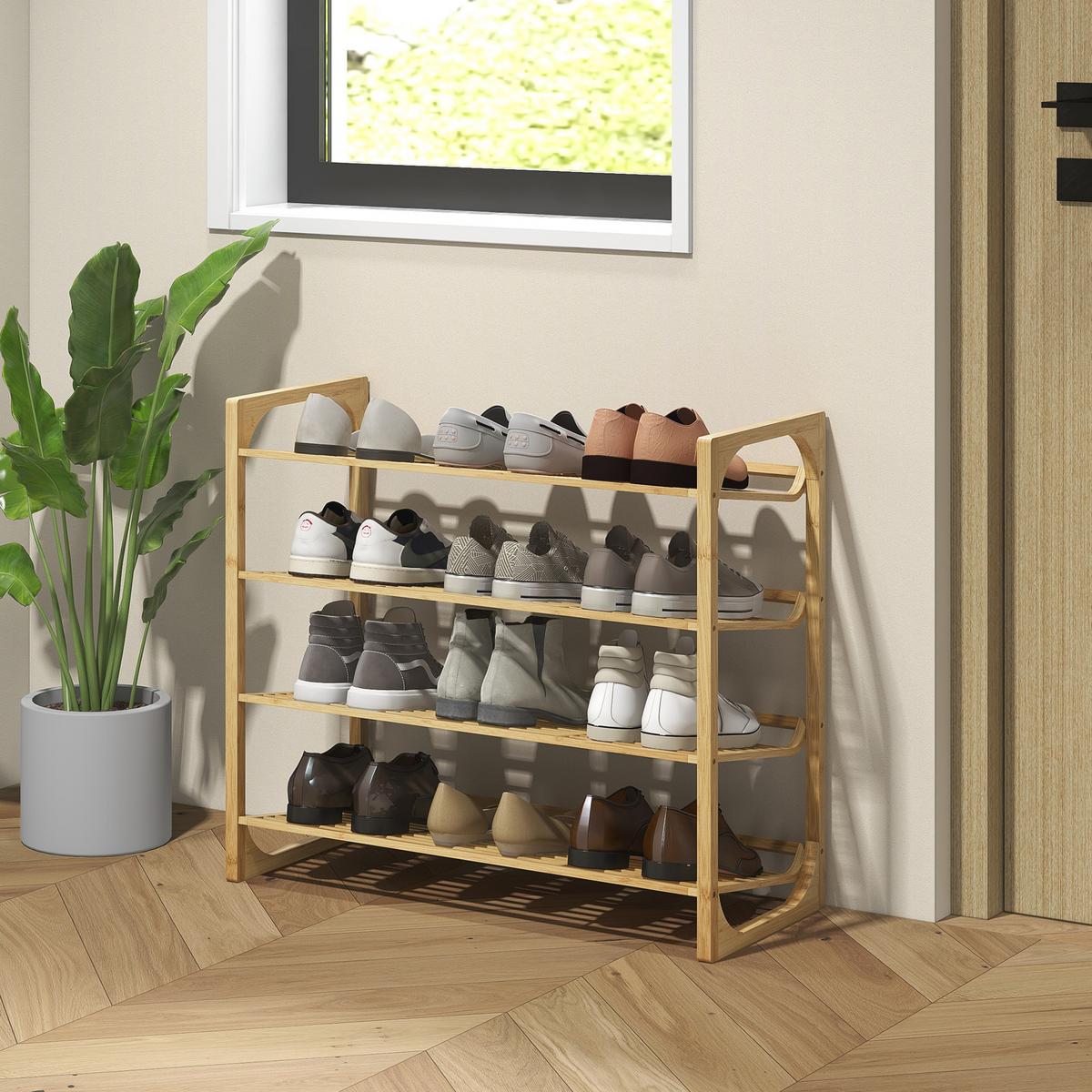 SCHUHREGAL, Schuhständer mit 4 Ebenen, für max. 12 Paar Schuhe, Natur - Naturfarben, Holz/Bambusholz (33/67/76cm) - HOMCOM