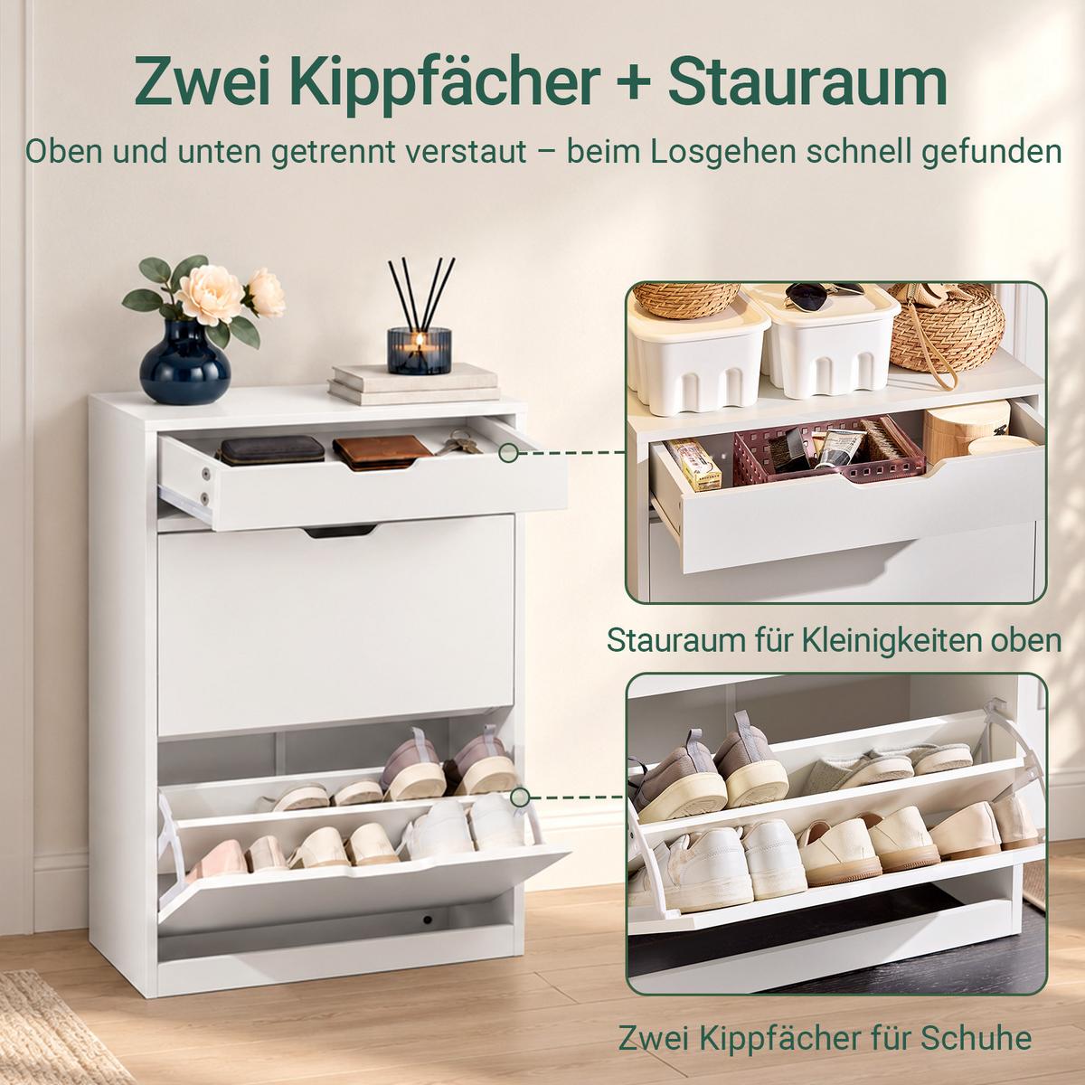 SCHUHSCHRANK mit 2 Klappen und 1 Schublade, Weiß 60x90x30cm - Weiß, Holzwerkstoff (60/90/30cm) - SoBuy