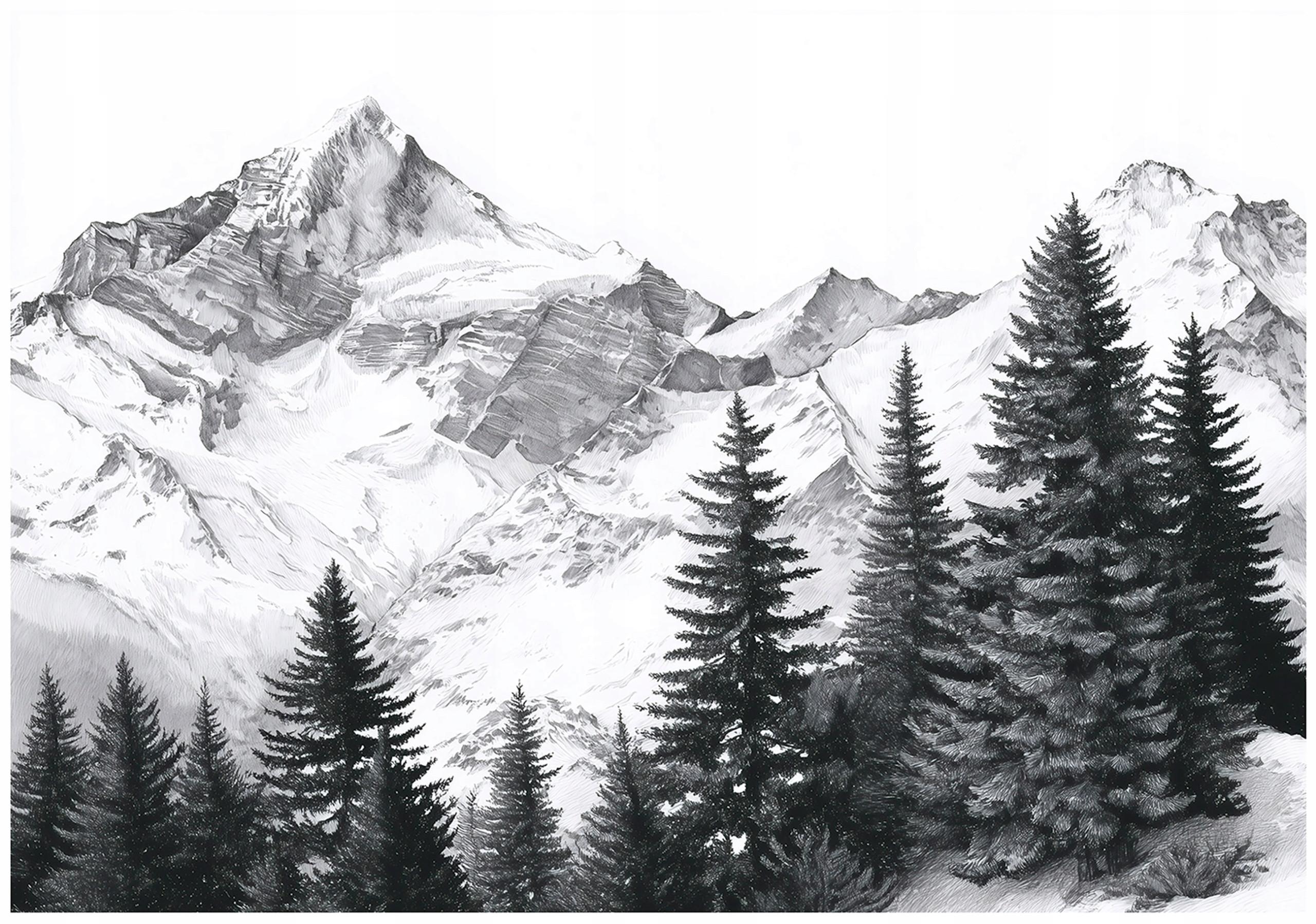 FOTOTAPETE Gebirge Wald Schwarzweiß 250x175 cm - Multicolor, Papier (250/175cm) - Wallarena