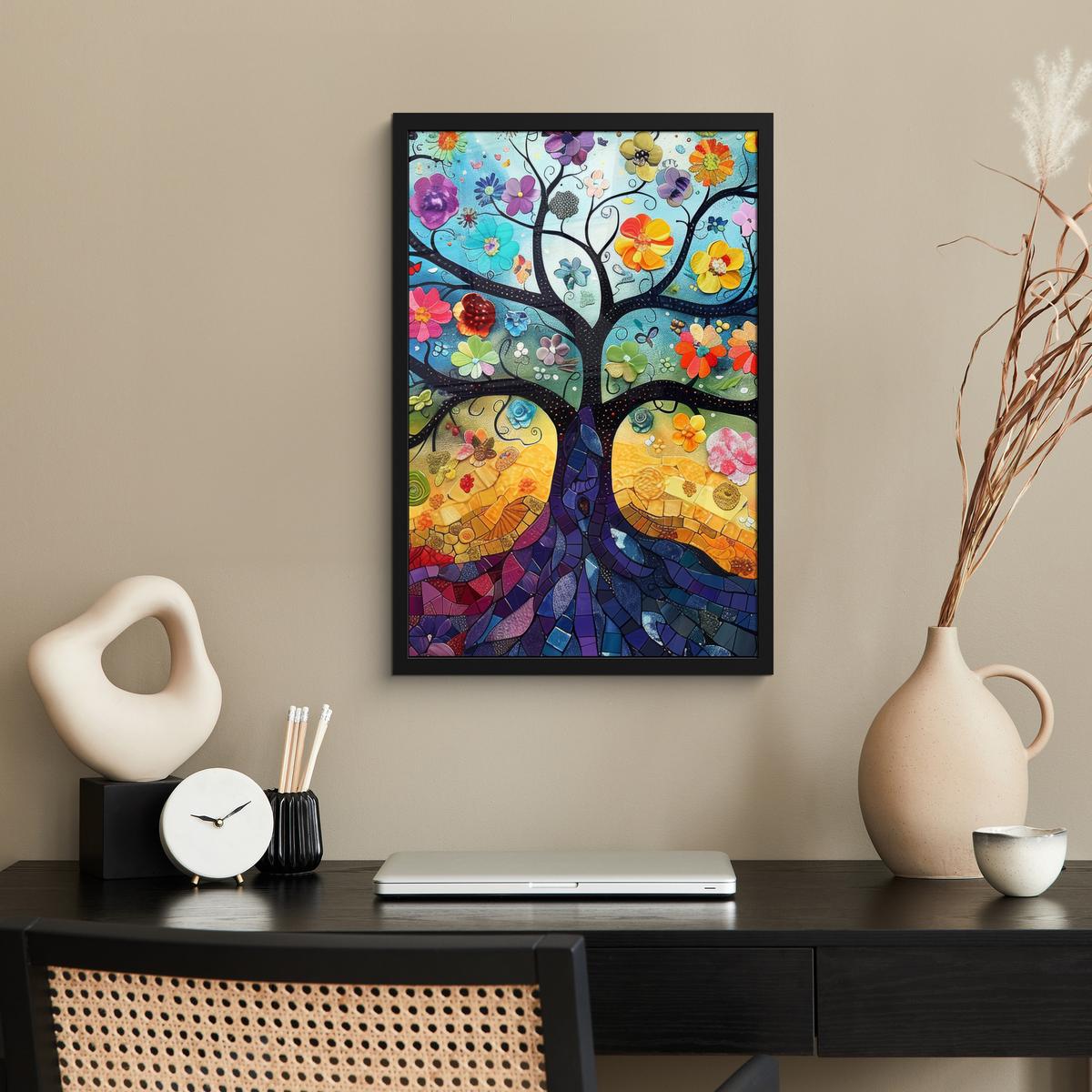 POSTER MIT RAHMEN Kunst - Baum des Lebens - Blumen - Hippie Bilder mit Rahmen 40x60 cm - Dunkelblau, Papier (40/60cm) - MuchoWow