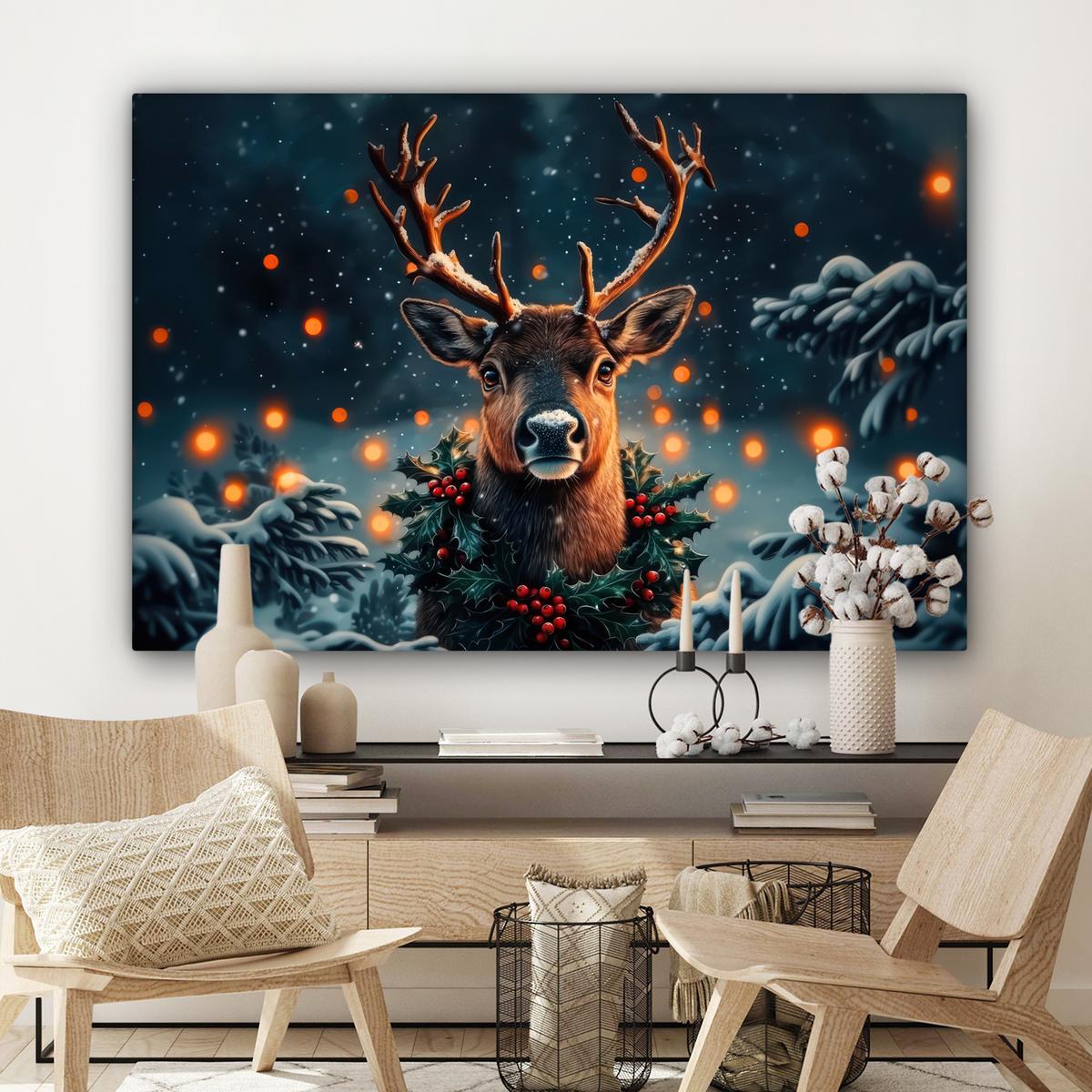 LEINWANDBILD Hirsch - Weihnachten - Winter - Schnee - Weihnachtskranz Wohnzimmer Groß 120x80 cm - Dunkelbraun, Textil (120/80cm) - MuchoWow
