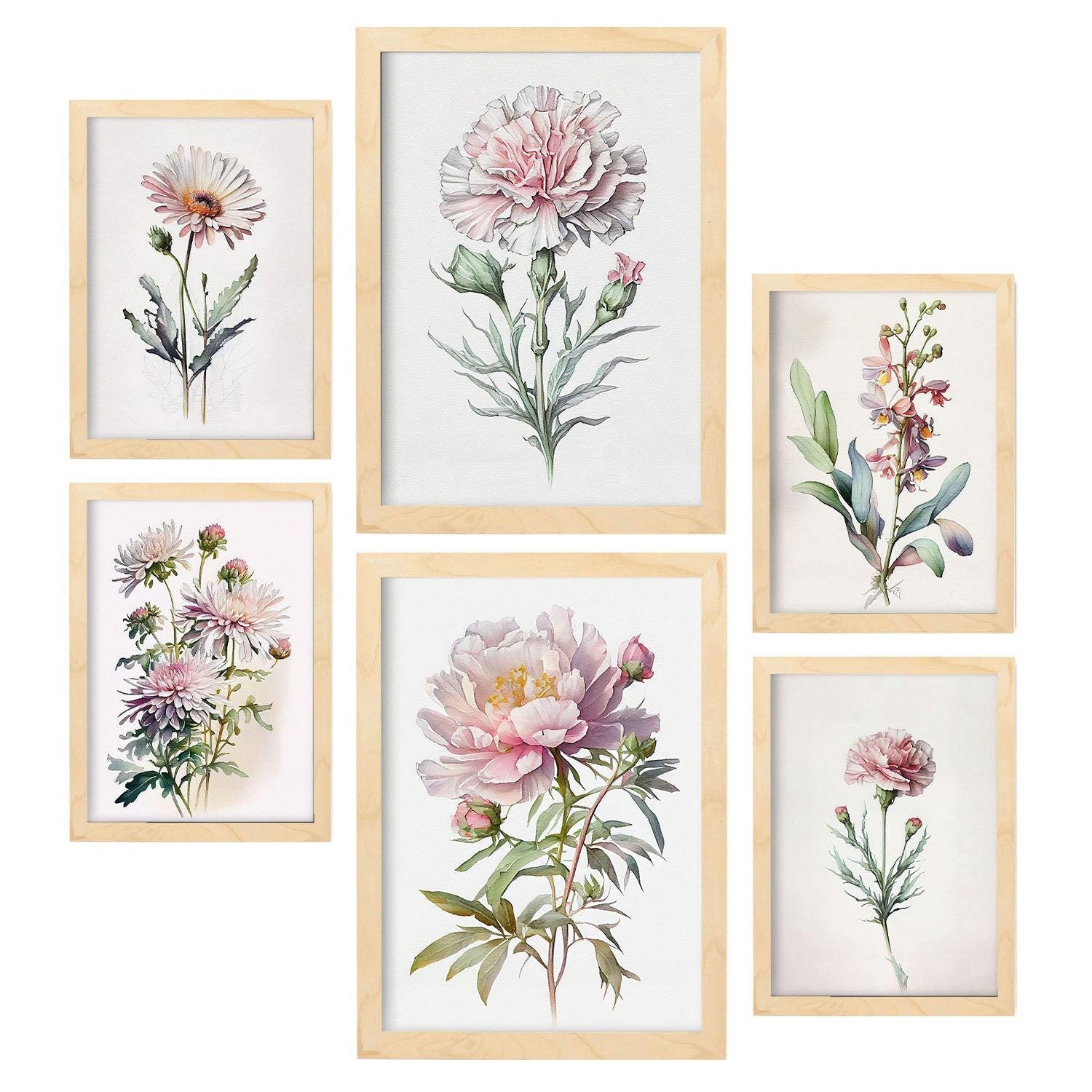 POSTER Set Mit 6 Hellrosa Blumen Vollfarbige Natur Und Botanikdrucke Mit Blumenmotiven Auf Reinweißen Hintergründen A3 & A4 Rahmen Aus Hellem Holz - Beige, Papier (29/3cm) - Nacnic