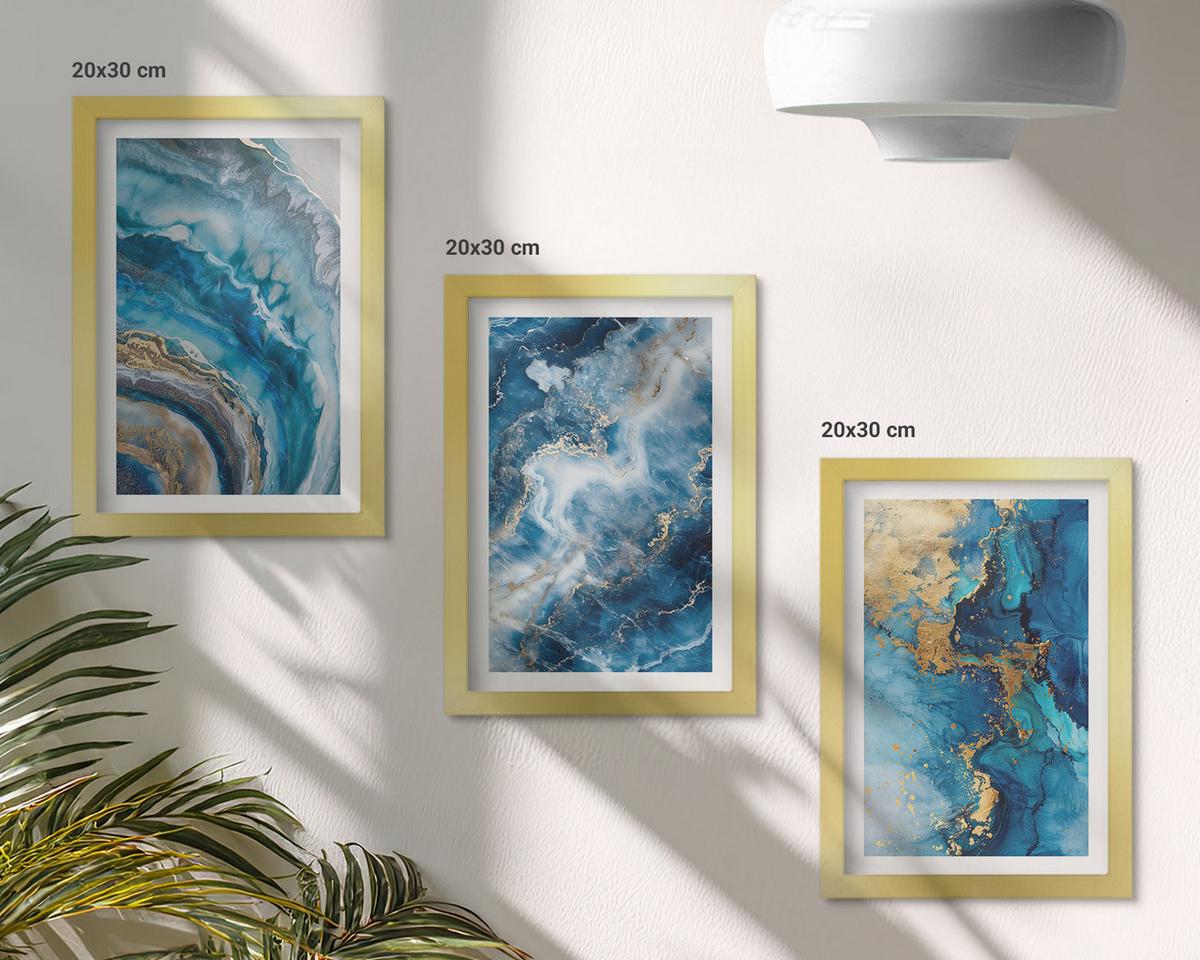 BILDER SET 3er Set - 20x30 cm Goldrahmen - Blaue abstrakte Muster - Goldfarben, Kunststoff (20/30cm) - TULUP
