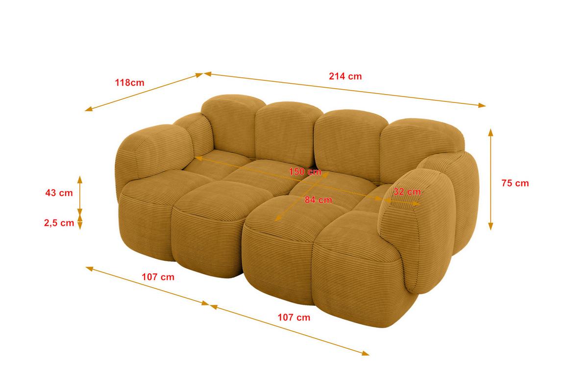 2-SITZER modulares Sofa Miko-S1 214x118x75 cm Senfgelb Cord - Schwarz/Honig, Holzwerkstoff/Kunststoff (214/75/118cm) - ALTDECOR