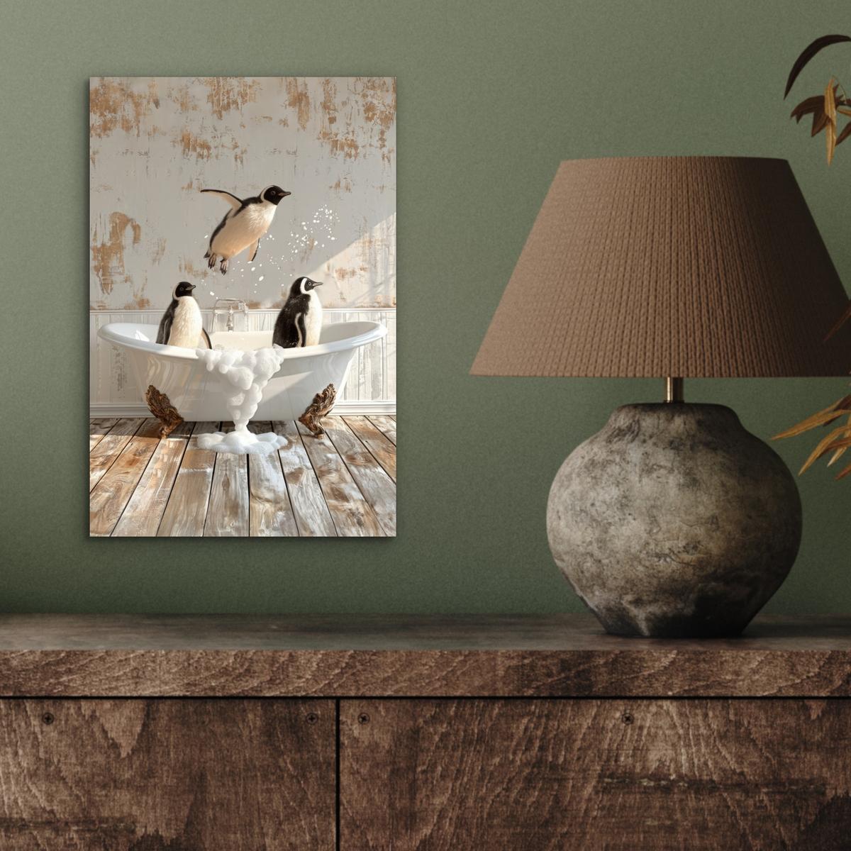 METALLBILD Vintage - Pinguin - Badewanne - Schaumstoff 20x30 cm - Schwarz, Metall (20/30cm) - MuchoWow