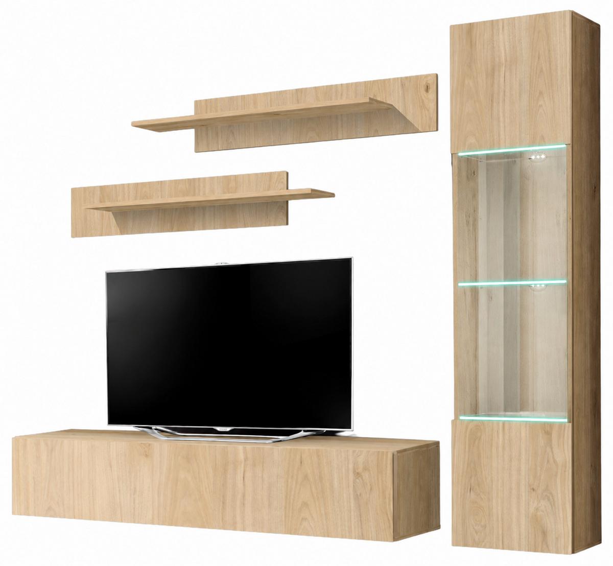WOHNWAND Eiche Jackson 210 cm 4-teilig hängend, Schrwankwand mit LED-Beleuchtung - Eichefarben, Glas/Holzwerkstoff (210/170/40cm) - Inn.Furn