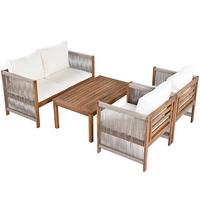 LOUNGEGARNITUR 4-tlg. Akazie & Seil Beige Gartensofa mit Tisch, 2 Sesseln & Kissen - Beige, Textil - Urban Meuble