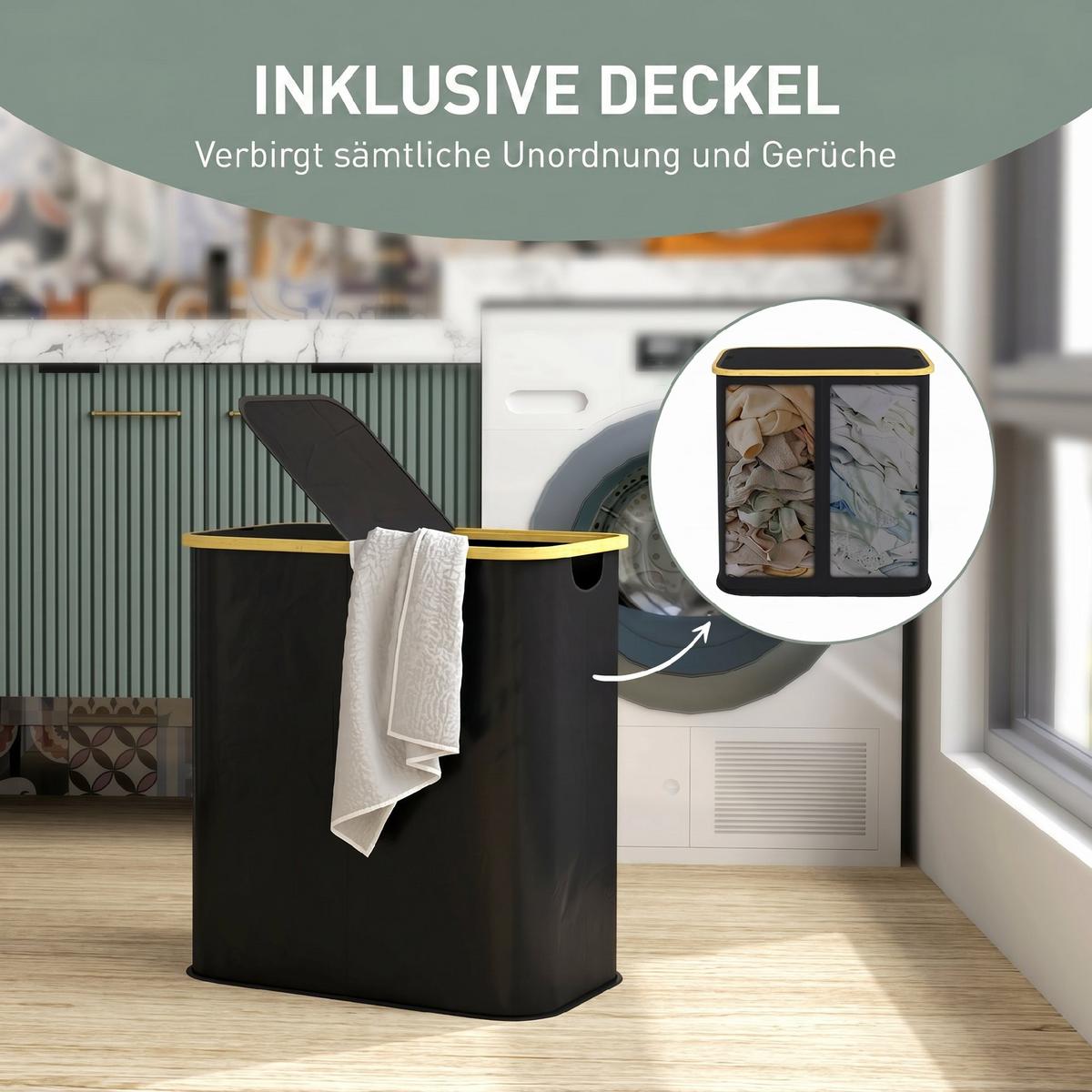 WÄSCHESORTIERER Bambus Vliesstoff Schwarz - Schwarz, Textil (34/58.5/54cm) - HOMCOM