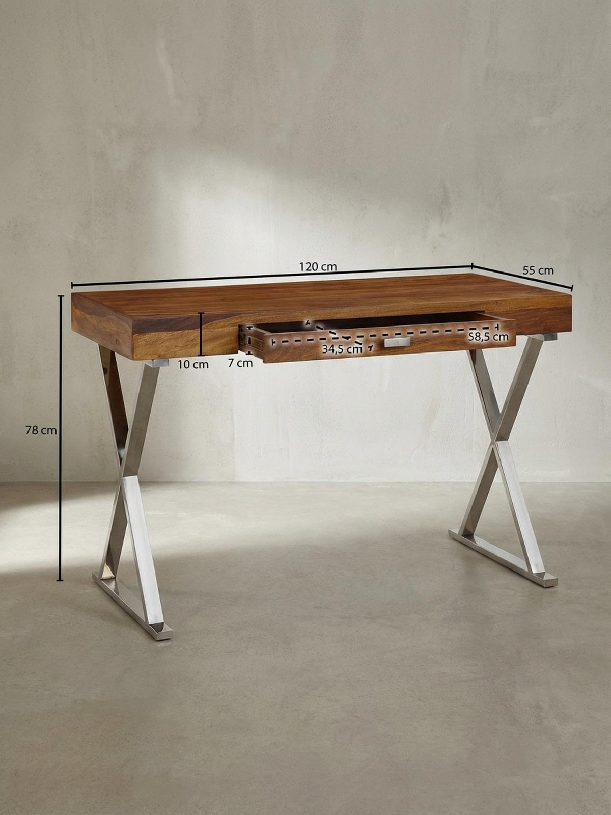 SCHREIBTISCH Massivholz X-Gestell Schublade, Silber 120x55x78 cm - Silberfarben, Holz/Metall (55/120/78cm) - KADIMA DESIGN