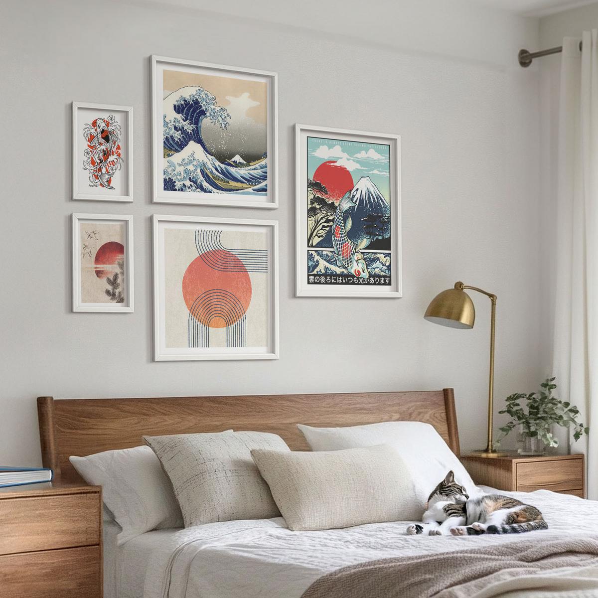 BILDER SET 5er Set - 50x50 cm & 20x30 cm & 40x60 cm Weißer Rahmen - Illustrationen von Fischbergen, die sich in Japan ausbreiten - Weiß, Kunststoff (40/60cm) - TULUP