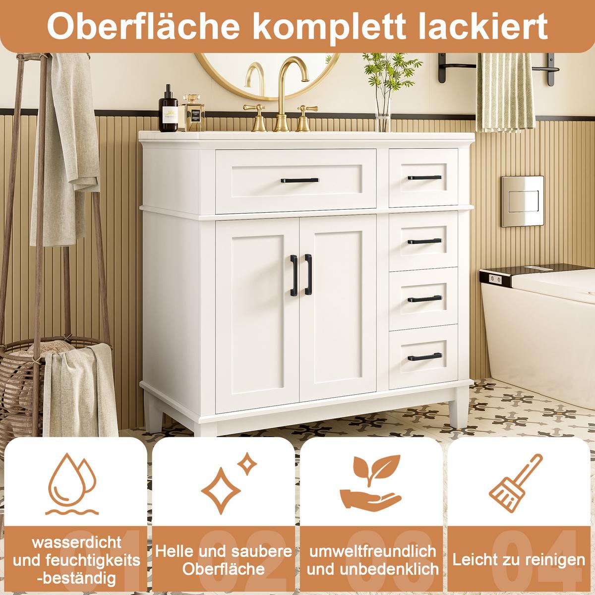 WASCHTISCH Weiß mit schwarzen Griffen, 5 Schubladen & Türregal - Weiß, Holzwerkstoff (90/87/46cm) - Urban Meuble