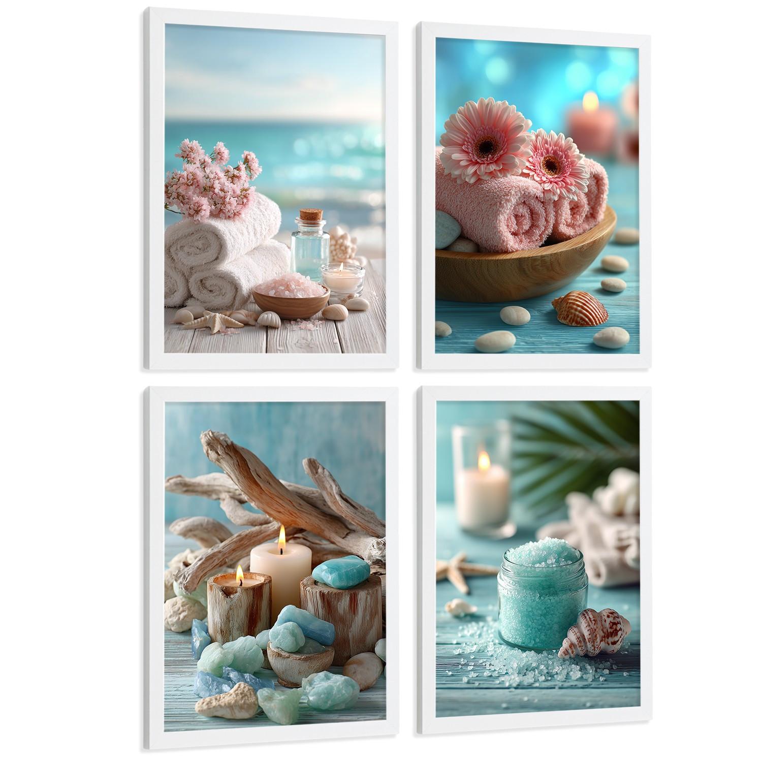 POSTER 4er-Set Badezimmer-Wandposter, Strand-Spa-Poster für Waschbecken, Dusche, WC mit Muscheln, Kerzen, Handtüchern und Meersalz Weißer Rahmen A3 - Weiß, Papier (42/29.7/3cm) - Nacnic