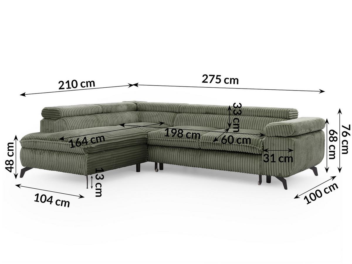 ECKSOFA mit Schlaffunktion und Bettkasten Bonnie aus Olive Cord-Stoff mit verstellbaren Kopfstützen und Armlehne - Ottomane links - Schwarz/Hellgrün, Holz/Textil (275/210cm) - S-Style Möbel
