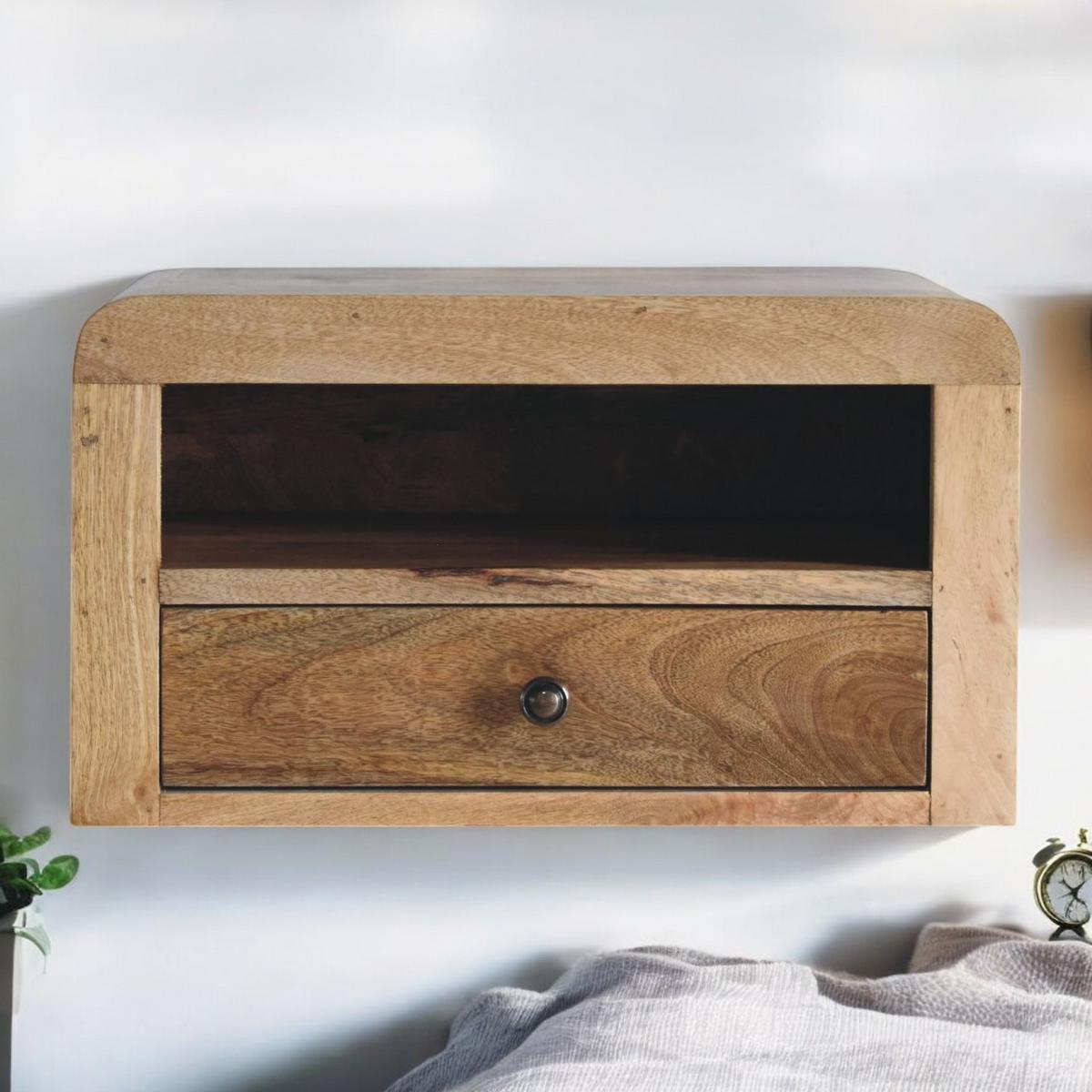 NACHTKASTEN Massiv Eichenoptik Schwebend, 1 Schublade und Offenes Regal, Beige - Beige/Messingfarben, Holz/Metall (45/25/30cm) - Artisan Furniture