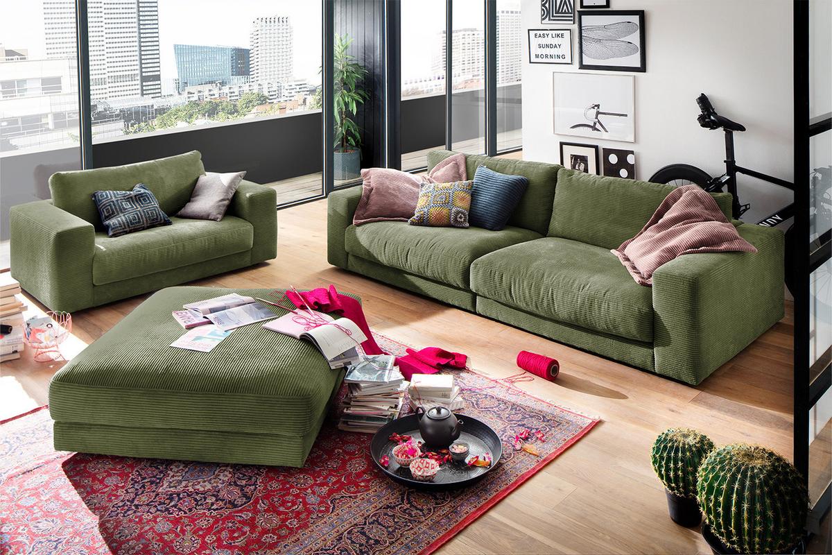 BIG HOCKER MADELINE Grün Cord - Olivgrün, Textil (120/43/120cm) - KAWOLA
