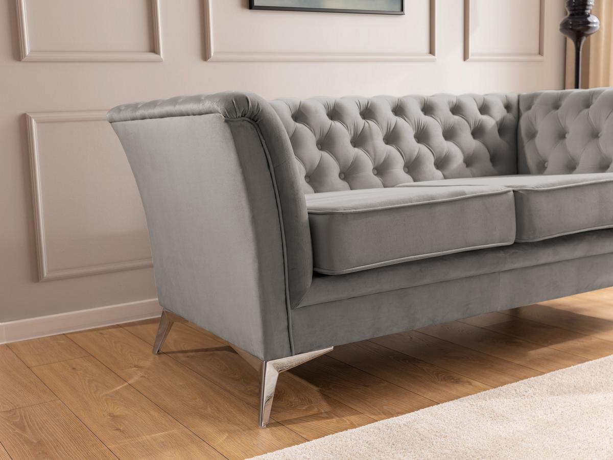 CHESTERFIELD-SOFA 2-sitzer Whitby Grau Samt mit silbernen Füßen - Silberfarben/Grau, Holz/Textil (175/78/82cm) - S-Style Möbel