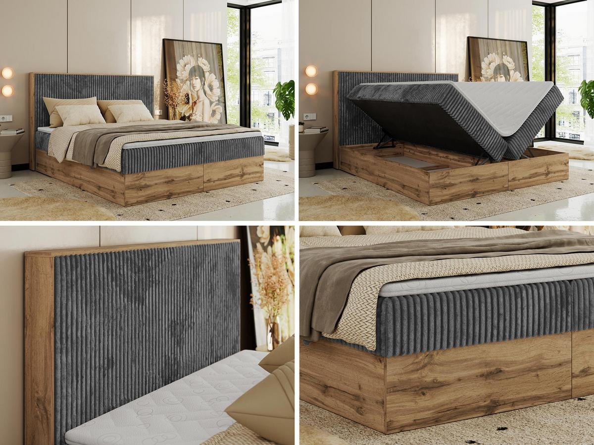 BOXBETT WOOD CLASSIC 160/200 - Grau Cord - H4 - Grau, Textil (160/200cm) - MKS
