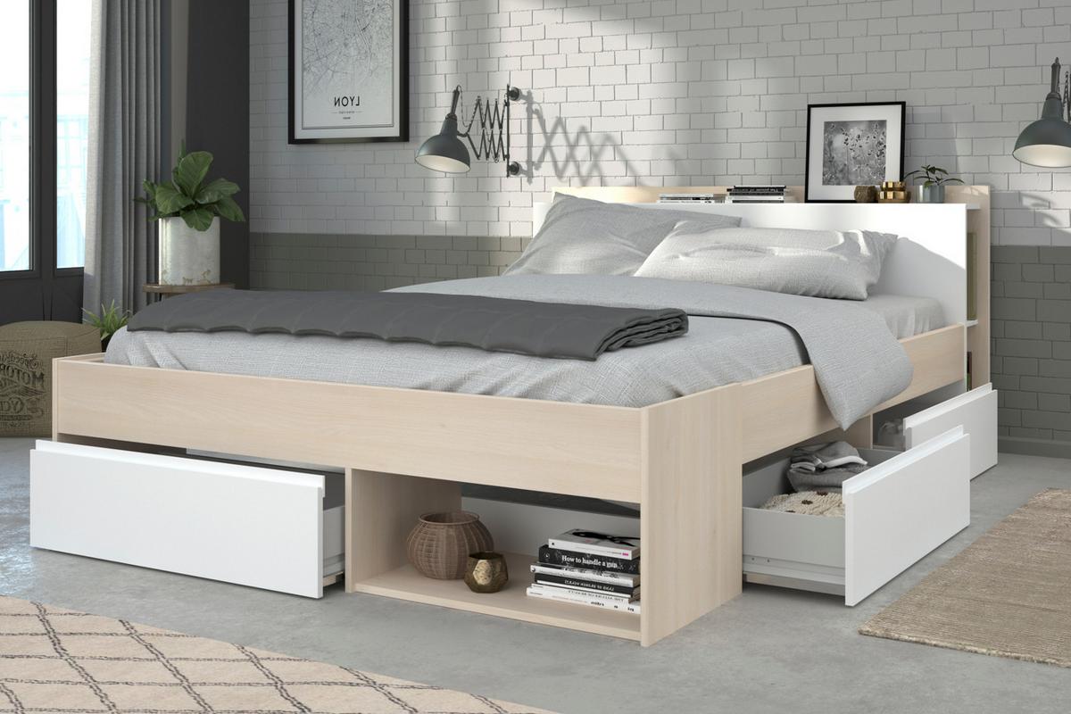 BETT mit Regal und 3 x Schubkasten Stauraumbett 160 x 200 cm - Weiß/Akaziefarben, Holz/Holzwerkstoff (160/200cm) - Parisot Meuble
