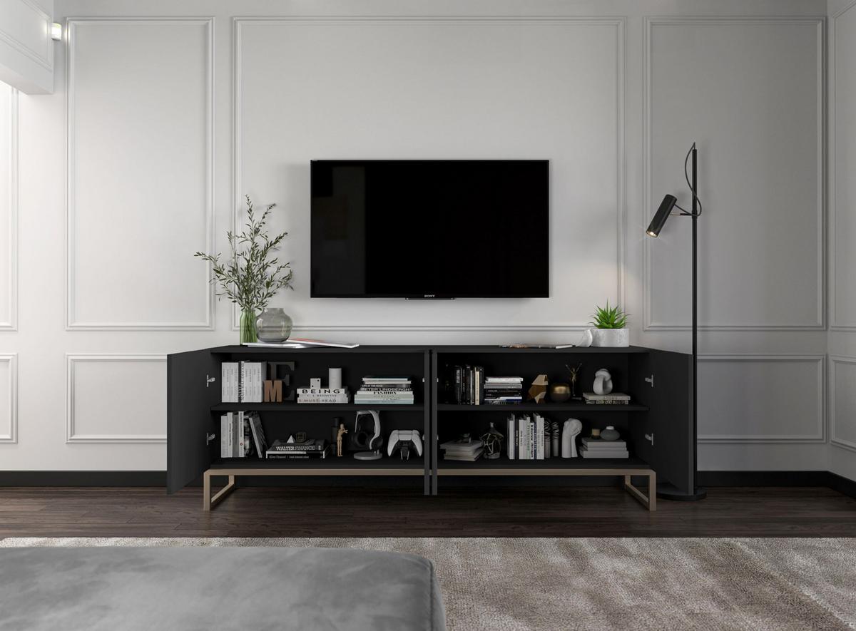 TV-SCHRANK Elpis Schwarz Matt mit Metallrahmen 150 cm - Goldfarben/Schwarz, Holzwerkstoff/Metall (150/51.5/36.5cm) - Meble Lindner