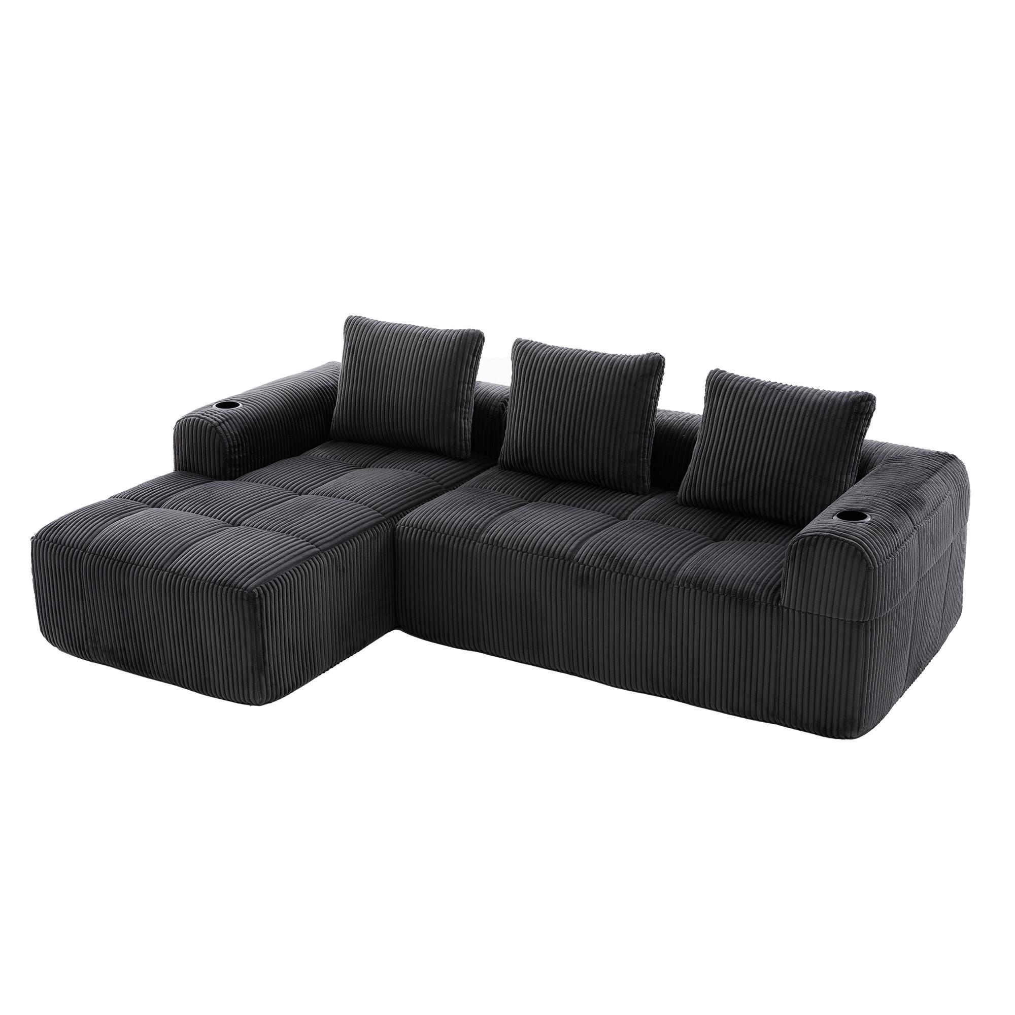 ECKSOFA 3-Sitzer mit Getränkehalter, Seitentaschen & 3 Kissen - Dunkelgrau, Textil (253/158cm) - Urban Meuble