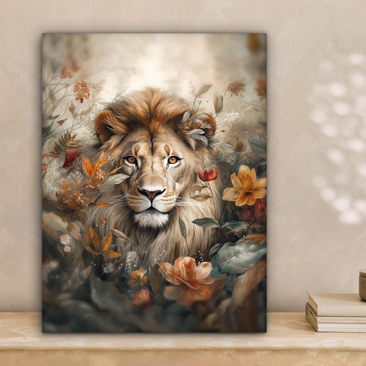 LEINWANDBILD Löwe - Wildtiere - Pflanzen - Natur - Blumen Room Decor 30x40 cm - Beige, Textil (30/40cm) - MuchoWow