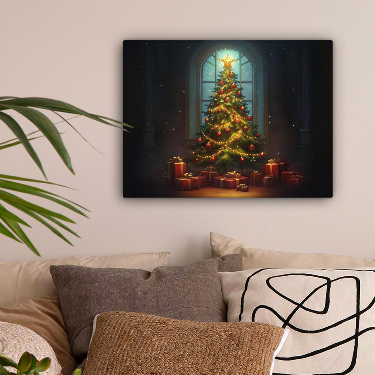 LEINWANDBILD Weihnachtsbaum - Geschenk - Winter Wandbild 40x30 cm - Grün, Textil (40/30cm) - MuchoWow