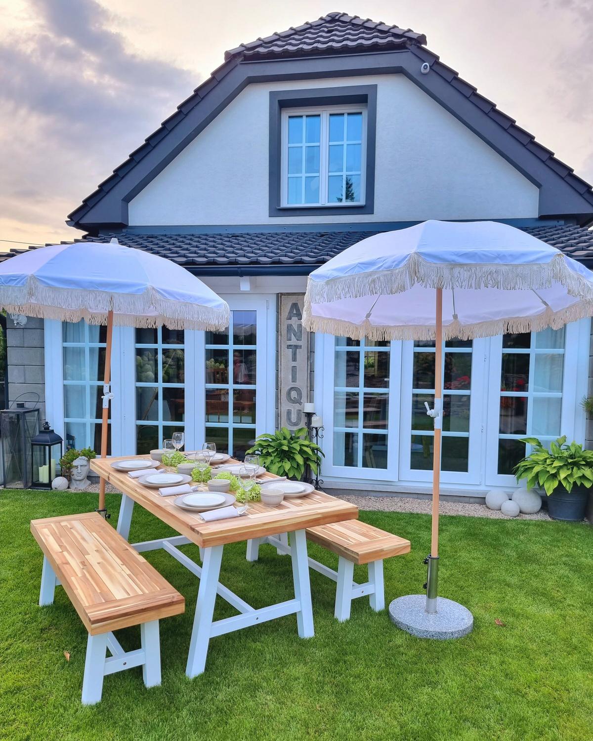 SONNENSCHIRM weiß mit Volant 150 cm Mondello - Hellbraun/Weiß, Textil (150/150cm) - Beliani
