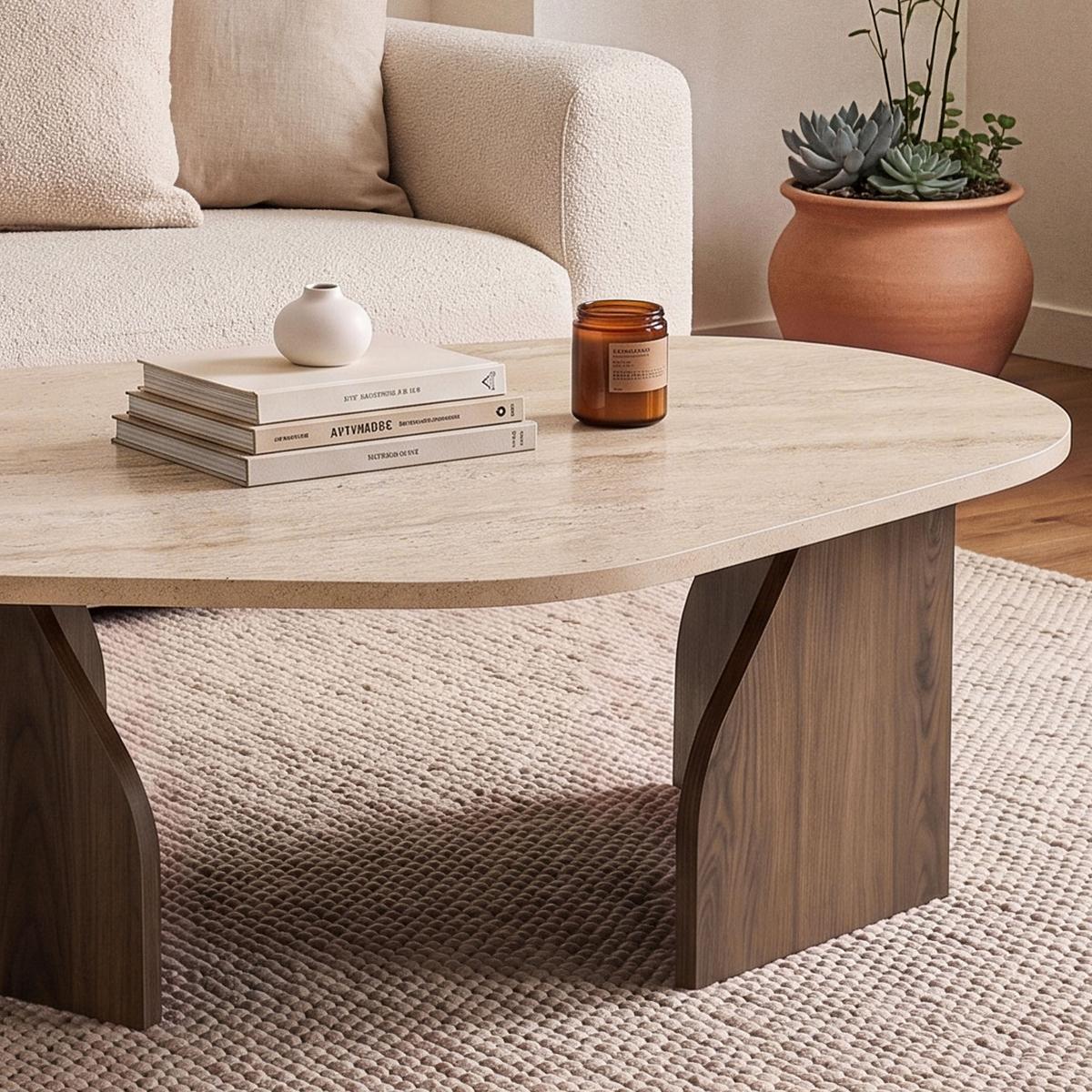 COUCHTISCH mit organisch geformter Tischplatte und breiten Beinen 100/60/35 cm - Hellbraun/Eichefarben, Holzwerkstoff (66/60/35cm) - Calicosy