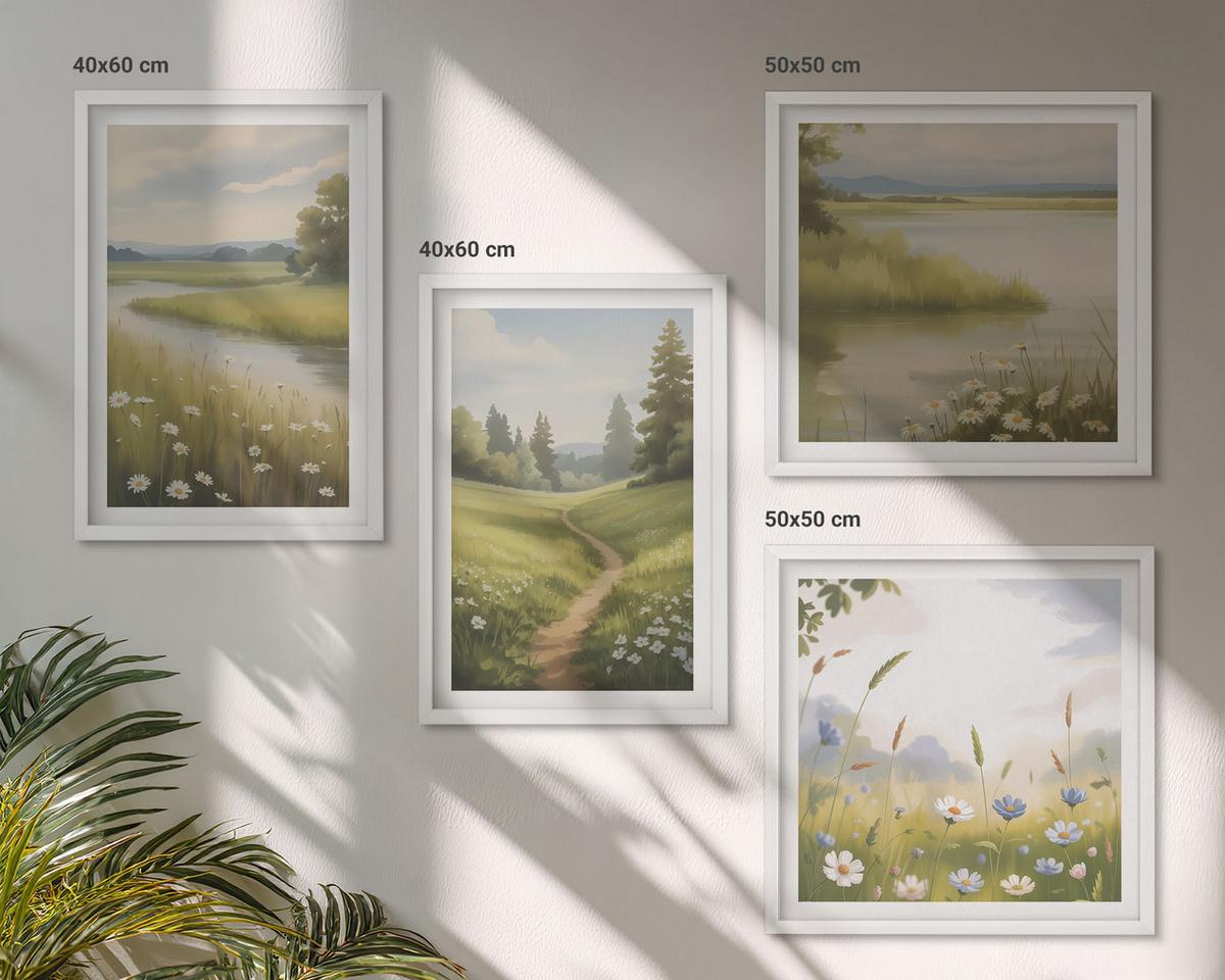 BILDER SET 4er Set - 50x50 cm & 40x60 cm Weißer Rahmen - Frühlingslandschaft Flusswiese - Weiß, Kunststoff (50/50cm) - TULUP