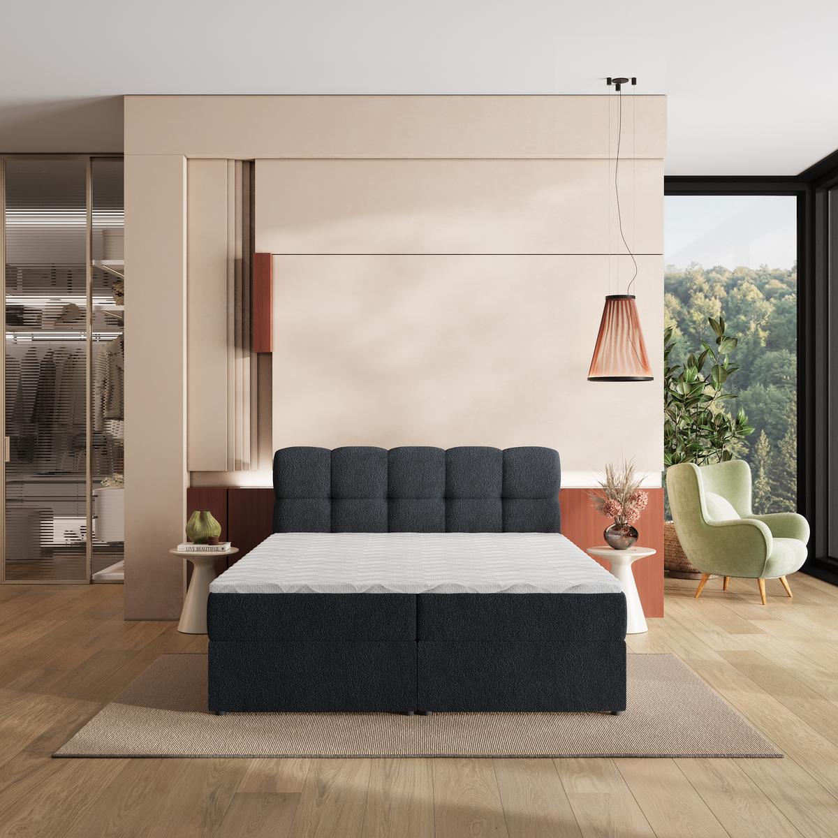 BOXBETT MERU 200x200 cm mit Matratze und Topper, H2+H3 - Schwarz - Schwarz, Holz (200/200cm) - MASSENO