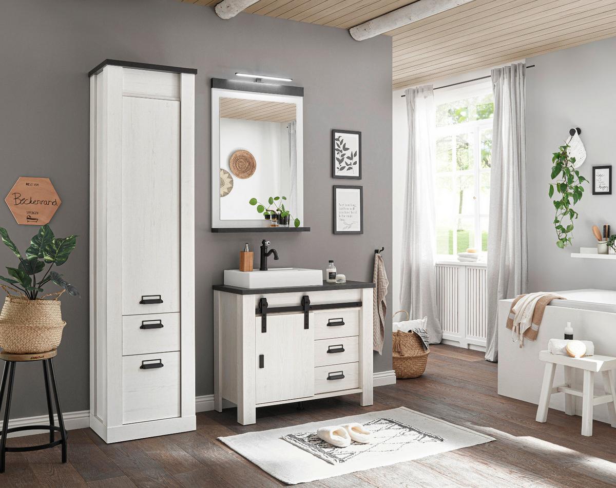 BADMÖBEL-SET 5-teilig weiß Pinie, anthrazit Landhaus, Badkombination mit Waschbecken und Spiegellampe - Anthrazit/Weiß, Holzwerkstoff/Metall (166/210/43cm) - Furn.Design