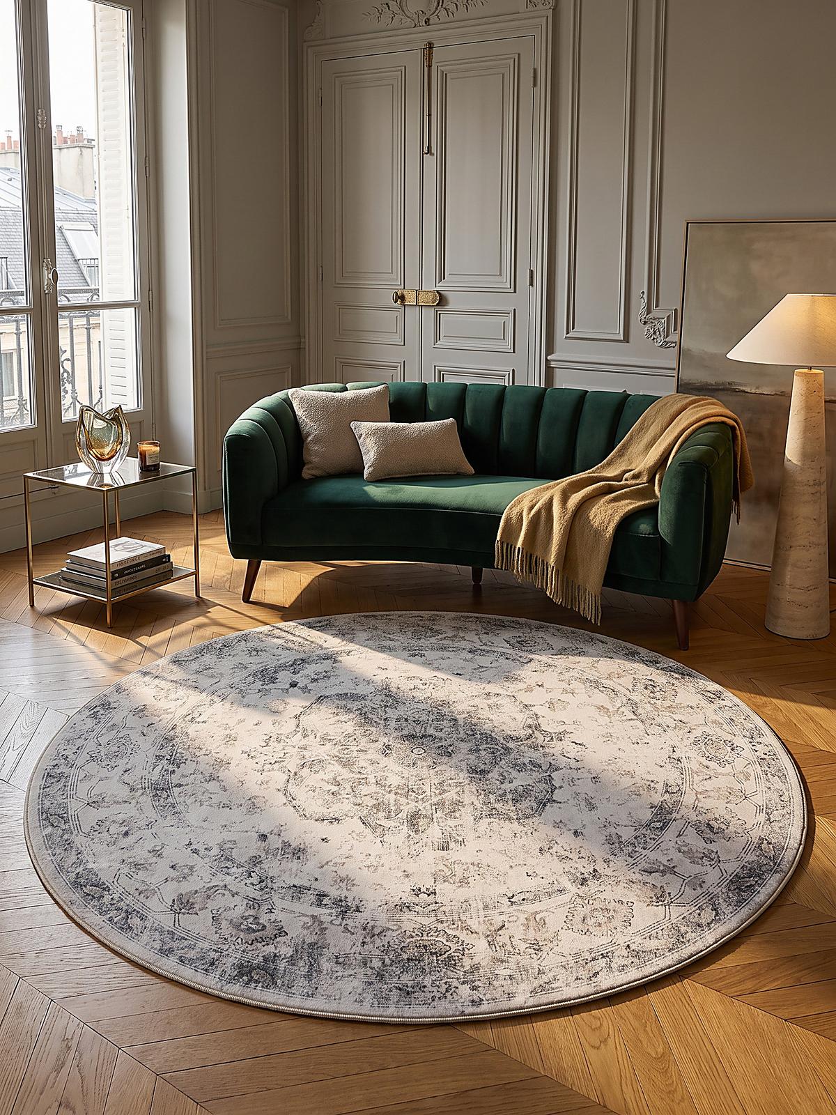 TEPPICH Kurzflor, waschbar, mit floralen Ornamenten, VERNANTE in Beige-Grau, Ø 200 cm - Beige, Textil (200/200cm) - KADIMA DESIGN