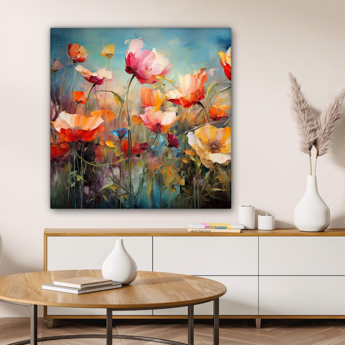 LEINWANDBILD Blumen - Aquarell - Kunst - Botanisch - Natur Deko Groß 90x90 cm - Orange, Textil (90/90cm) - MuchoWow