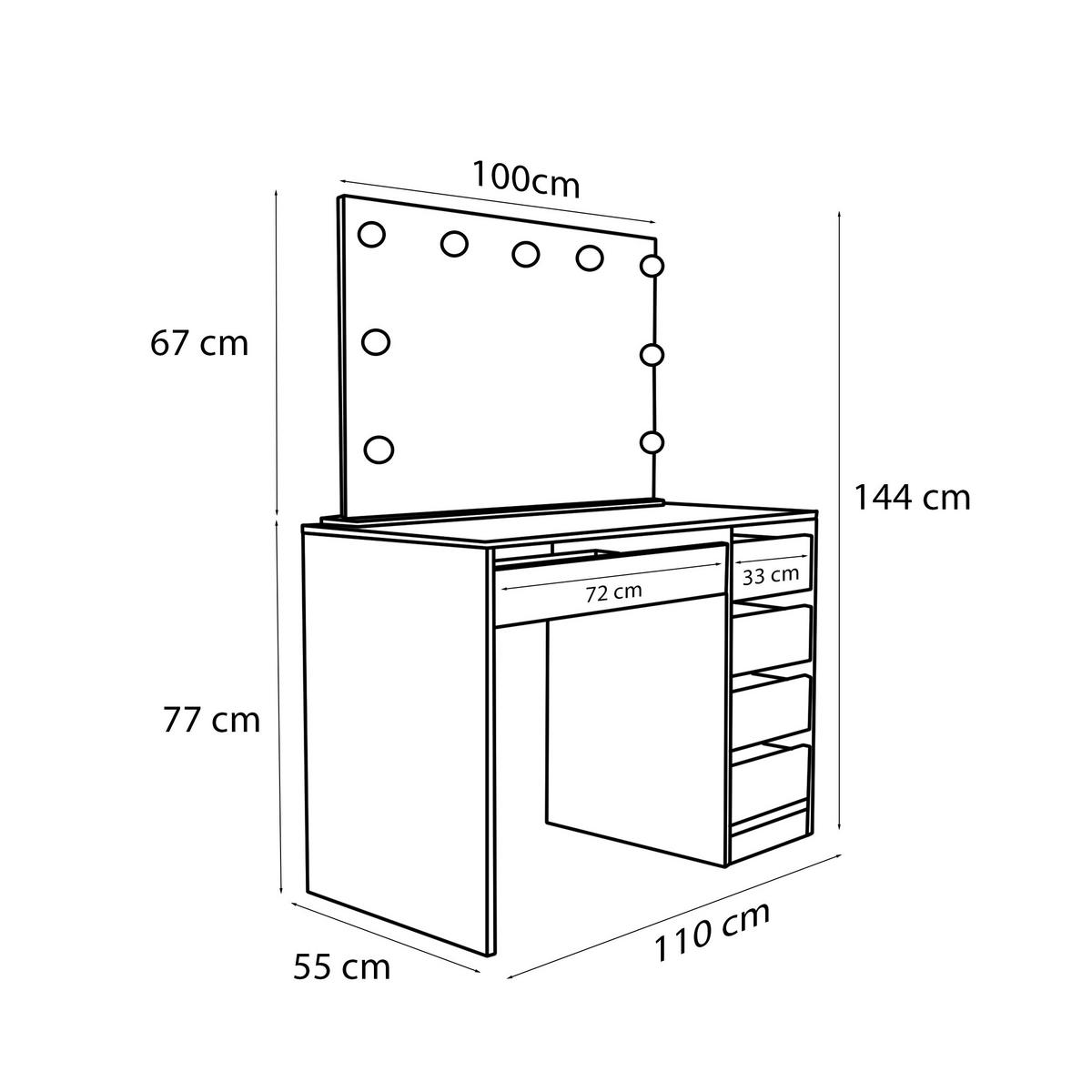 SCHMINKTISCH Bella Weiß 110 cm mit Spiegel und LED Beleuchtung - Weiß, Holzwerkstoff (110/77/55cm) - Idohome